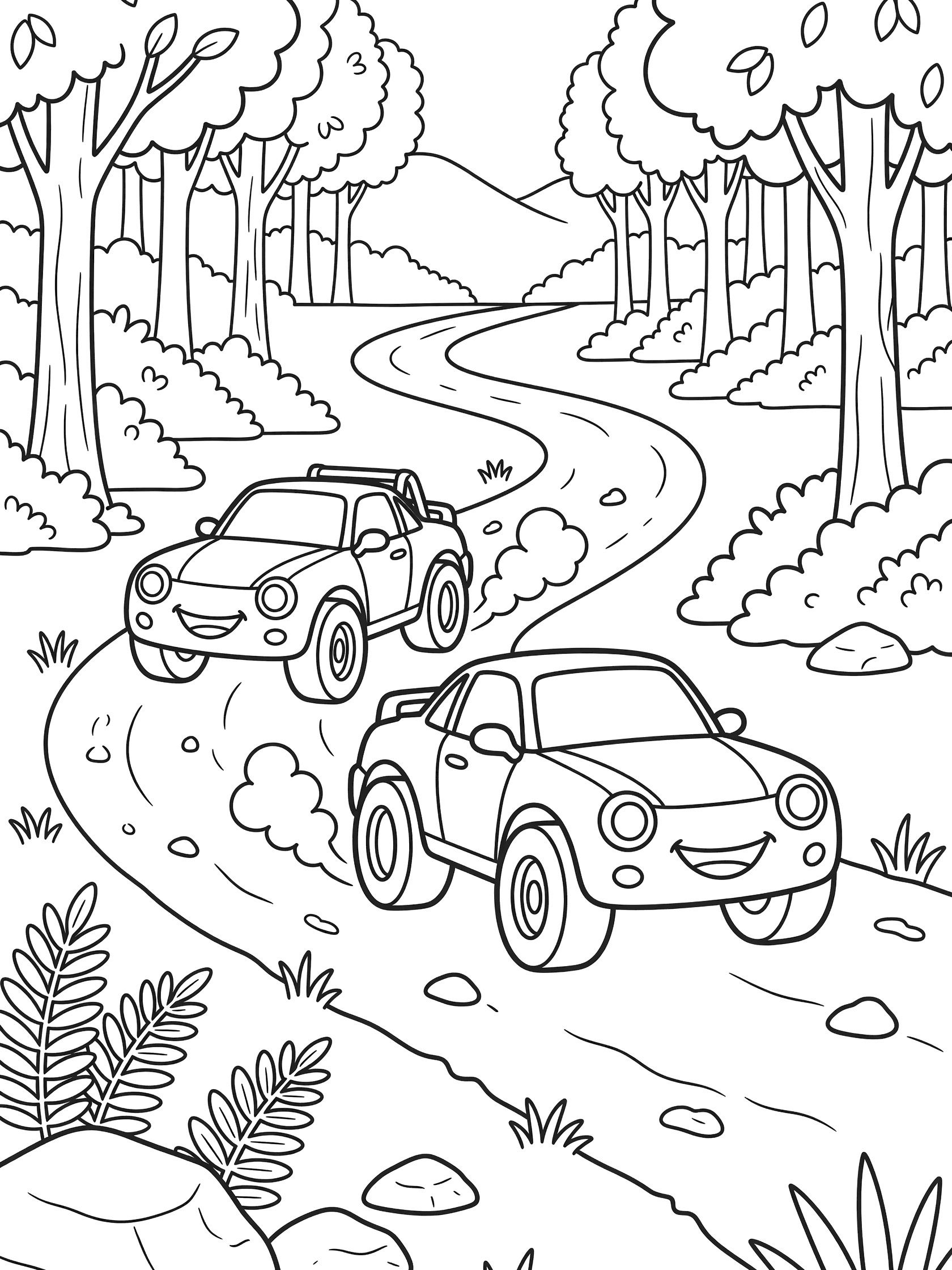 Black and white coloring page showing two happy-faced rally cars dashing along a curvy dirt path through tall trees and bushes in a forest, with dust clouds and rocks.