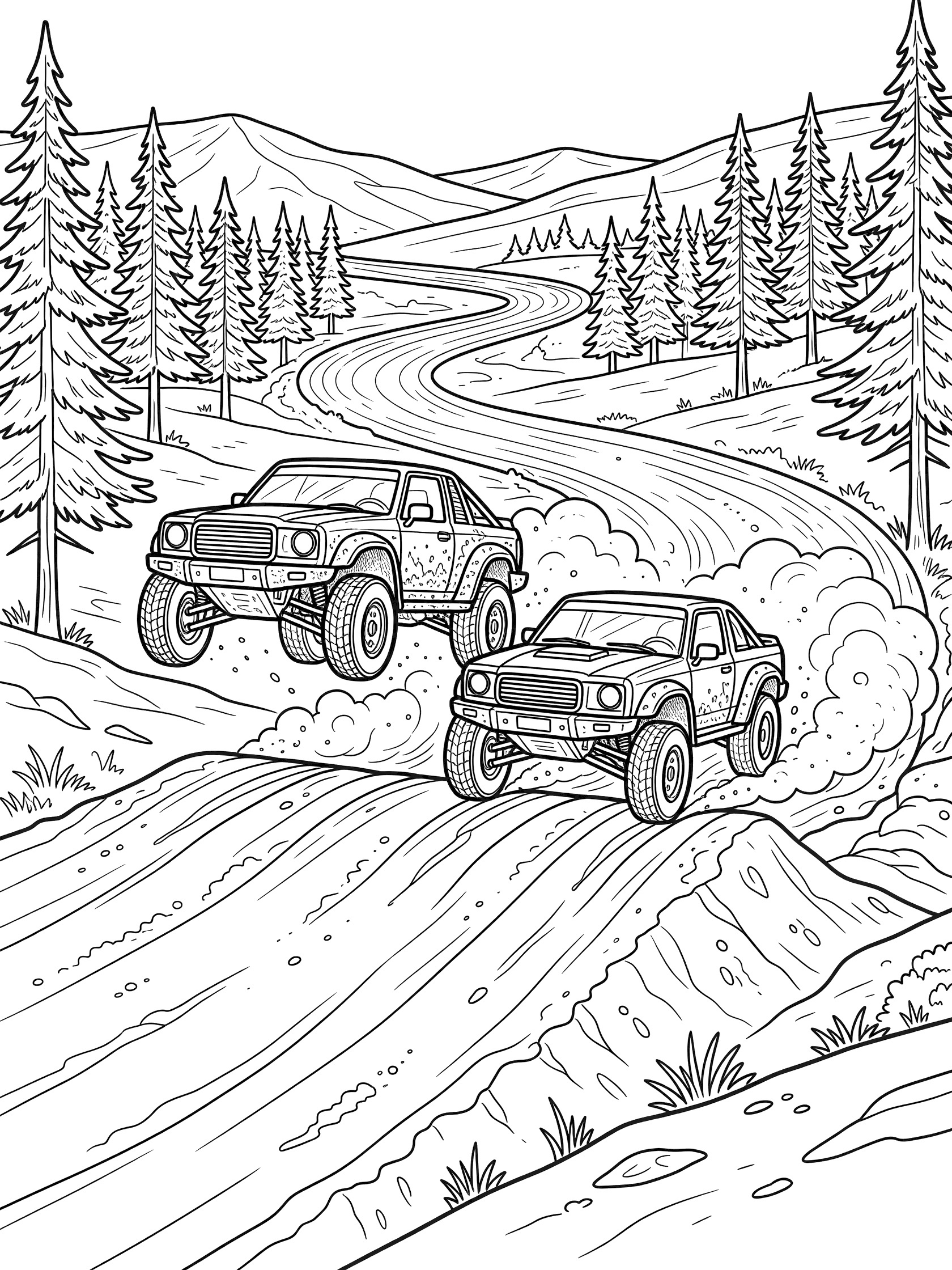 Black and white coloring page of two rally cars jumping high over a steep dirt ramp, kicking up dust on a winding track lined with pine trees.