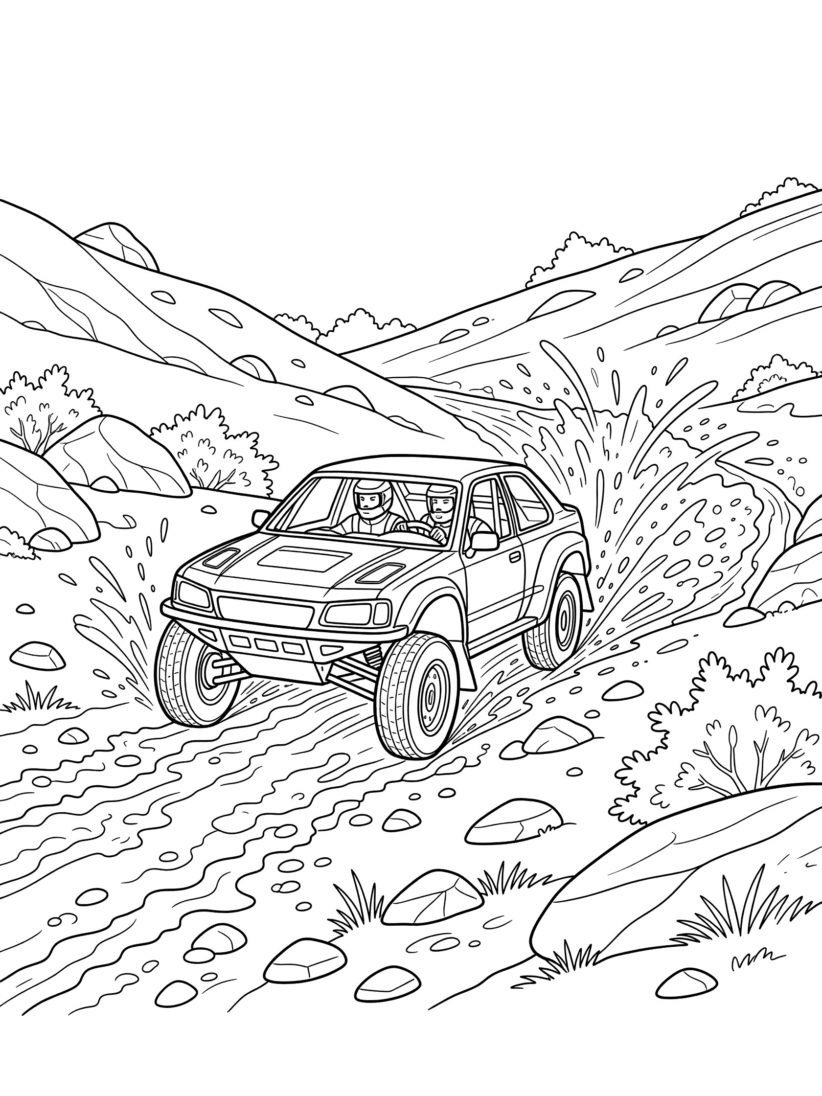 Black and white coloring page showing a rally driver in a rally car climbing a steep muddy hillside in a mountain rally, mud splashing from spinning wheels, boulders and sparse bushes around.