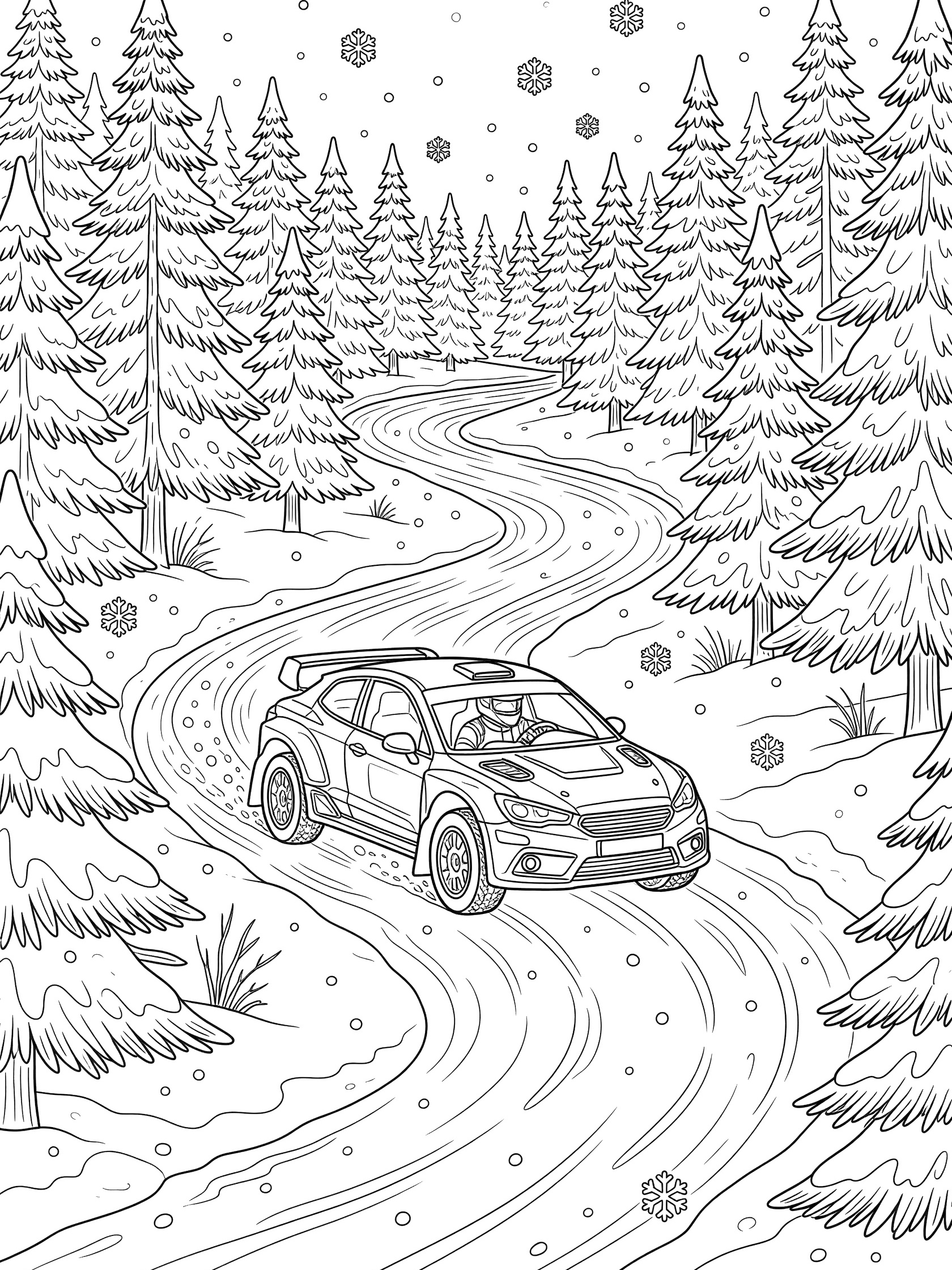 Black-and-white coloring page of a rally driver in a rally car cornering on a snowy forest path surrounded by pine trees and snowflakes.