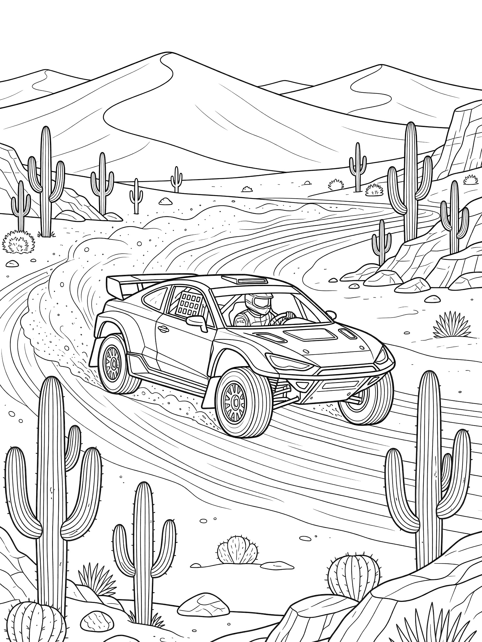 Black and white coloring page of a rally driver in a rally car drifting through desert dunes with cacti and rocky outcrops