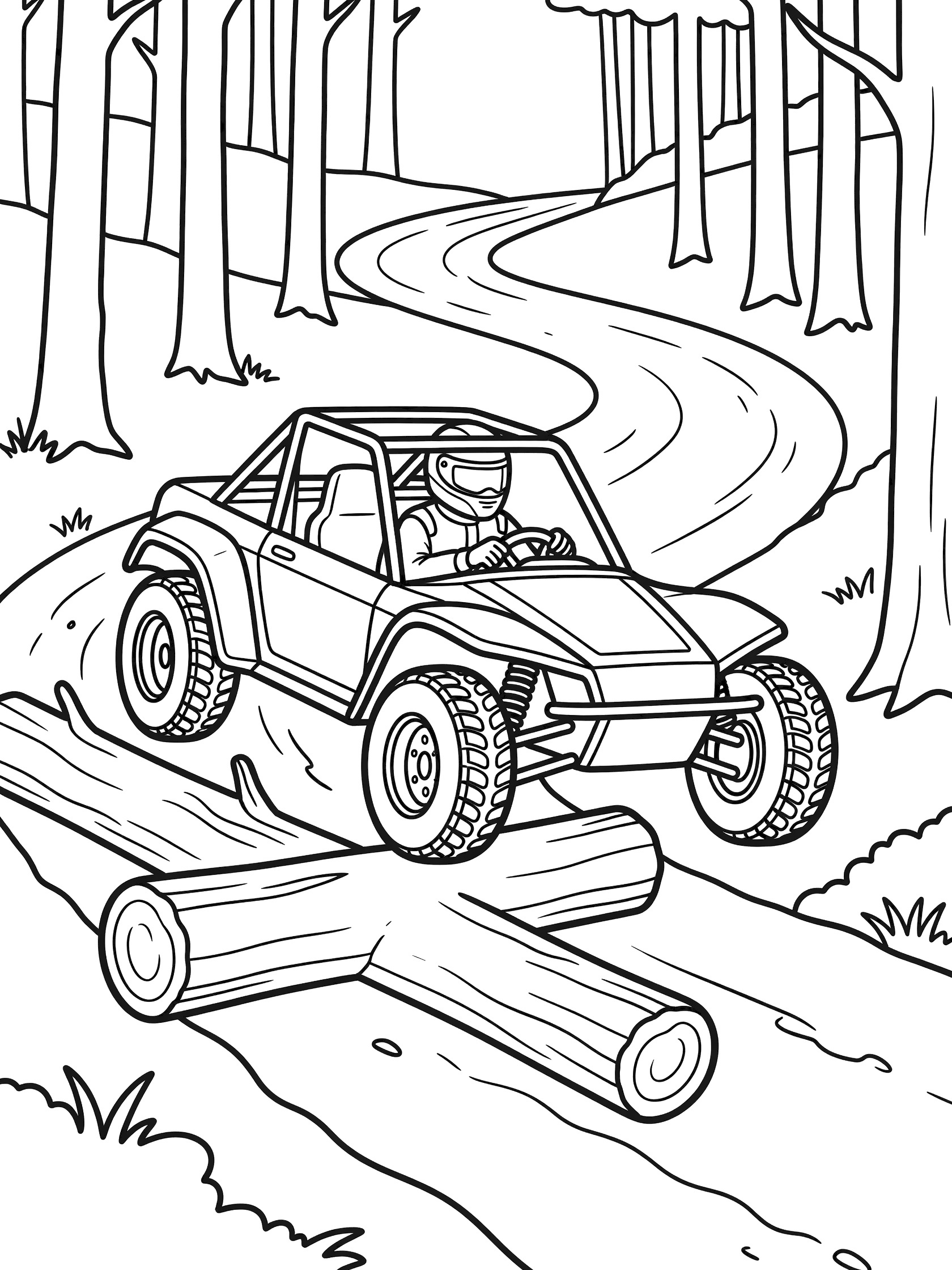 Black and white line art of a rally driver in open race car with oversized tires jumping over a log on twisting forest path lined with trees.
