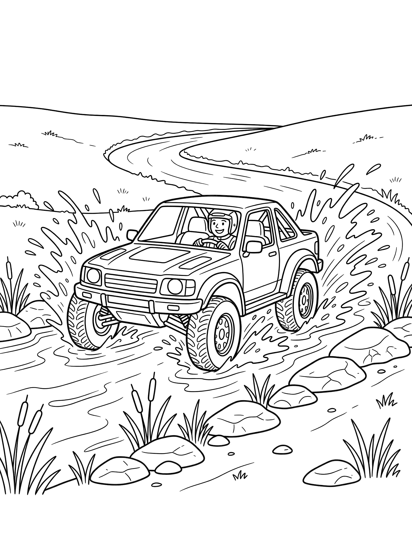 Black-and-white coloring page of a rally driver in a rally car splashing through a river ford on a rally course with water spray, rocks, and reeds.