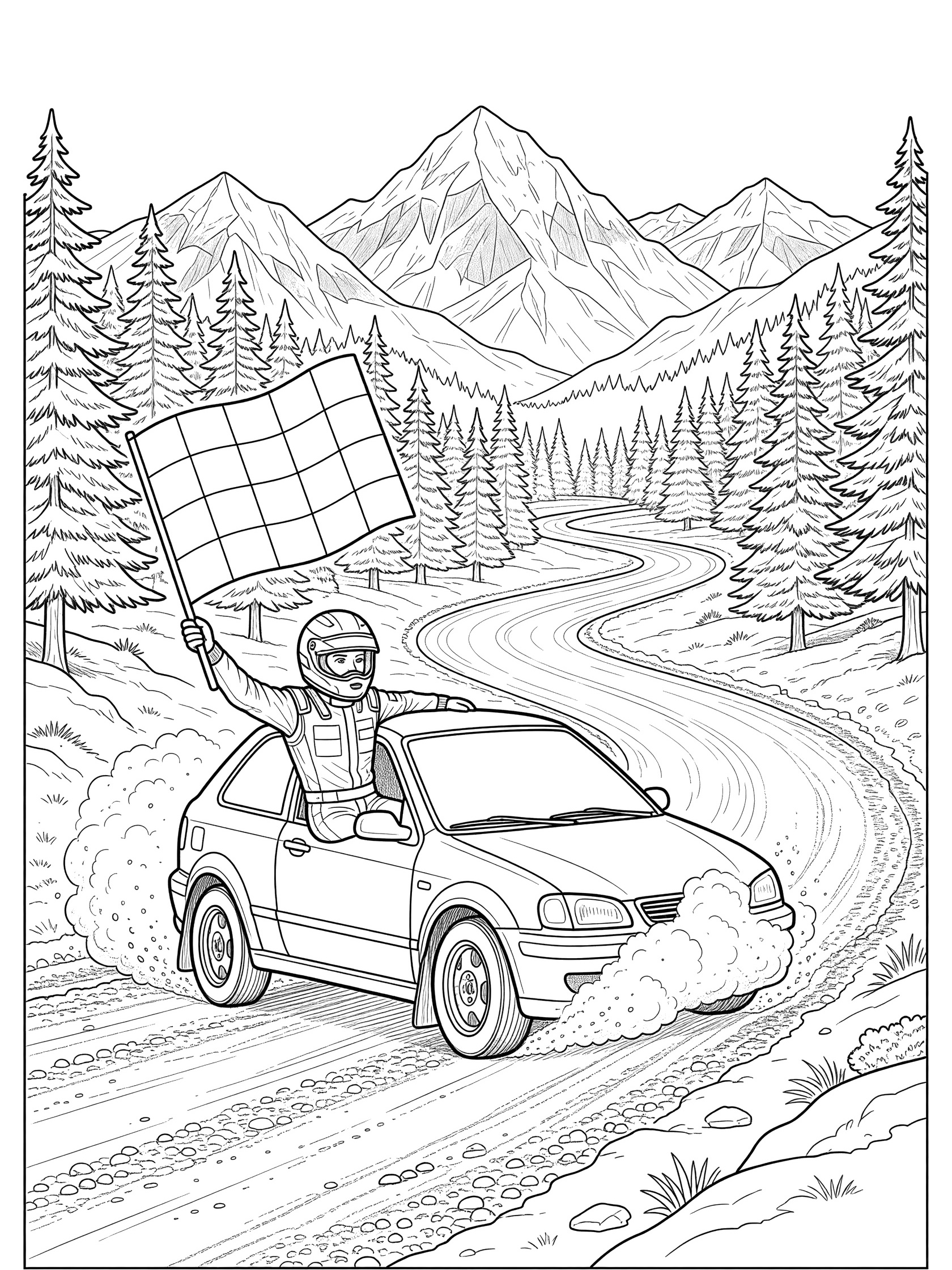 Black and white line art of a rally driver celebrating with checkered flag, leaning from rally car window on winding gravel road with mountains and pine trees.