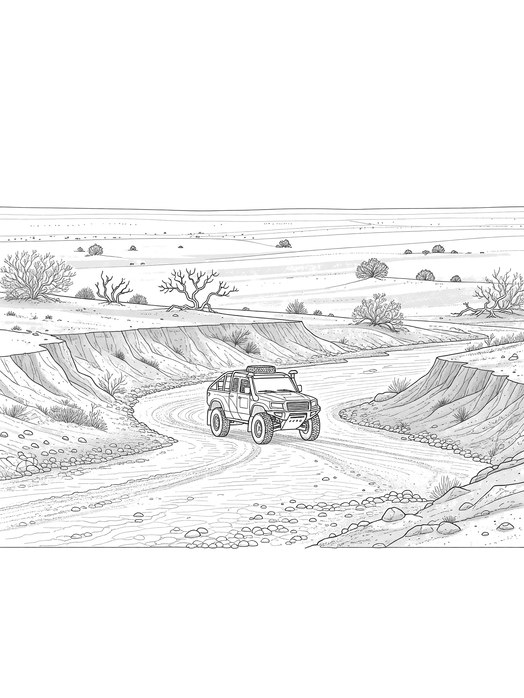 Black and white coloring page of a rally truck fording a dry riverbed filled with loose pebbles, surrounded by desert shrubs and sandy banks.
