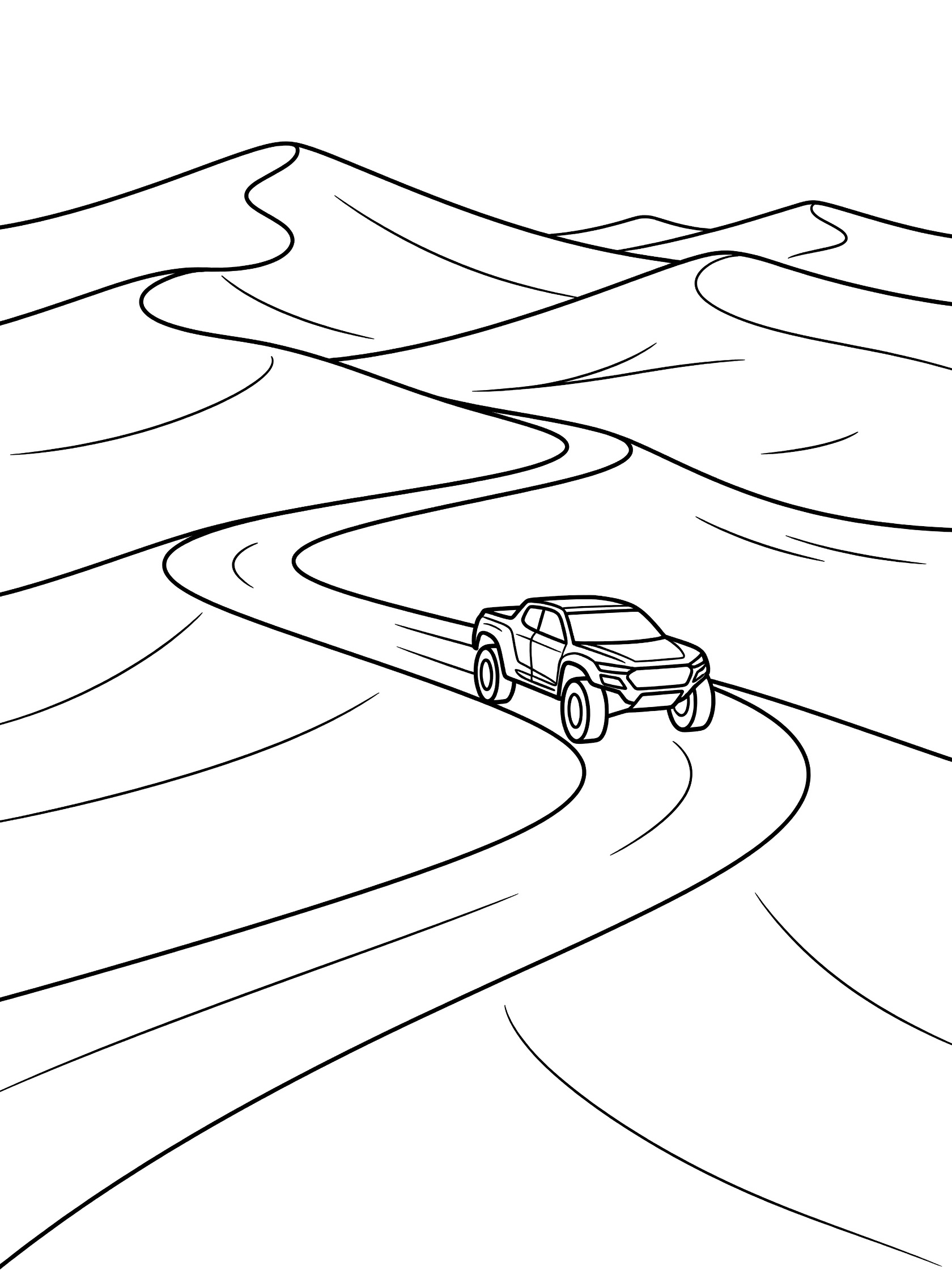 Black and white line art of a rally truck driving on a curvy path surrounded by high wavy sand dunes