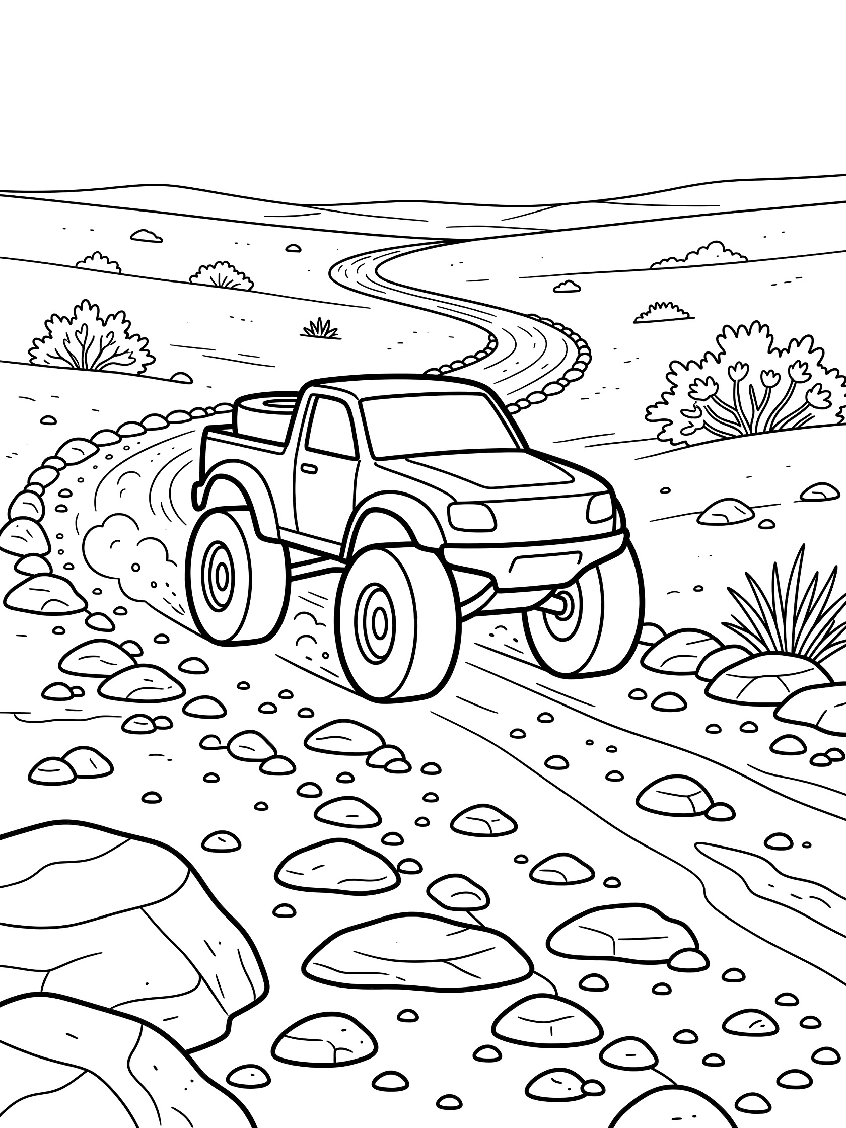 Black and white line art of a rally truck speeding along a rocky desert path with oversized wheels, stones, and sparse bushes on the sides.