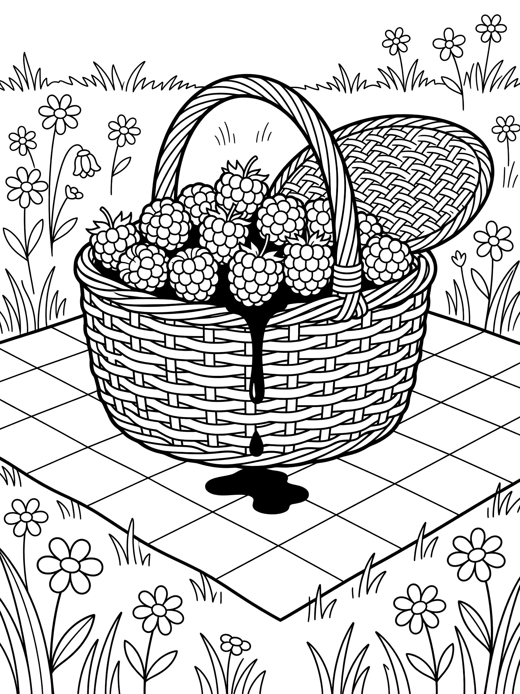 Black-and-white coloring page showing a picnic basket full of raspberries spilling over on a checkered blanket outdoors with grass and flowers