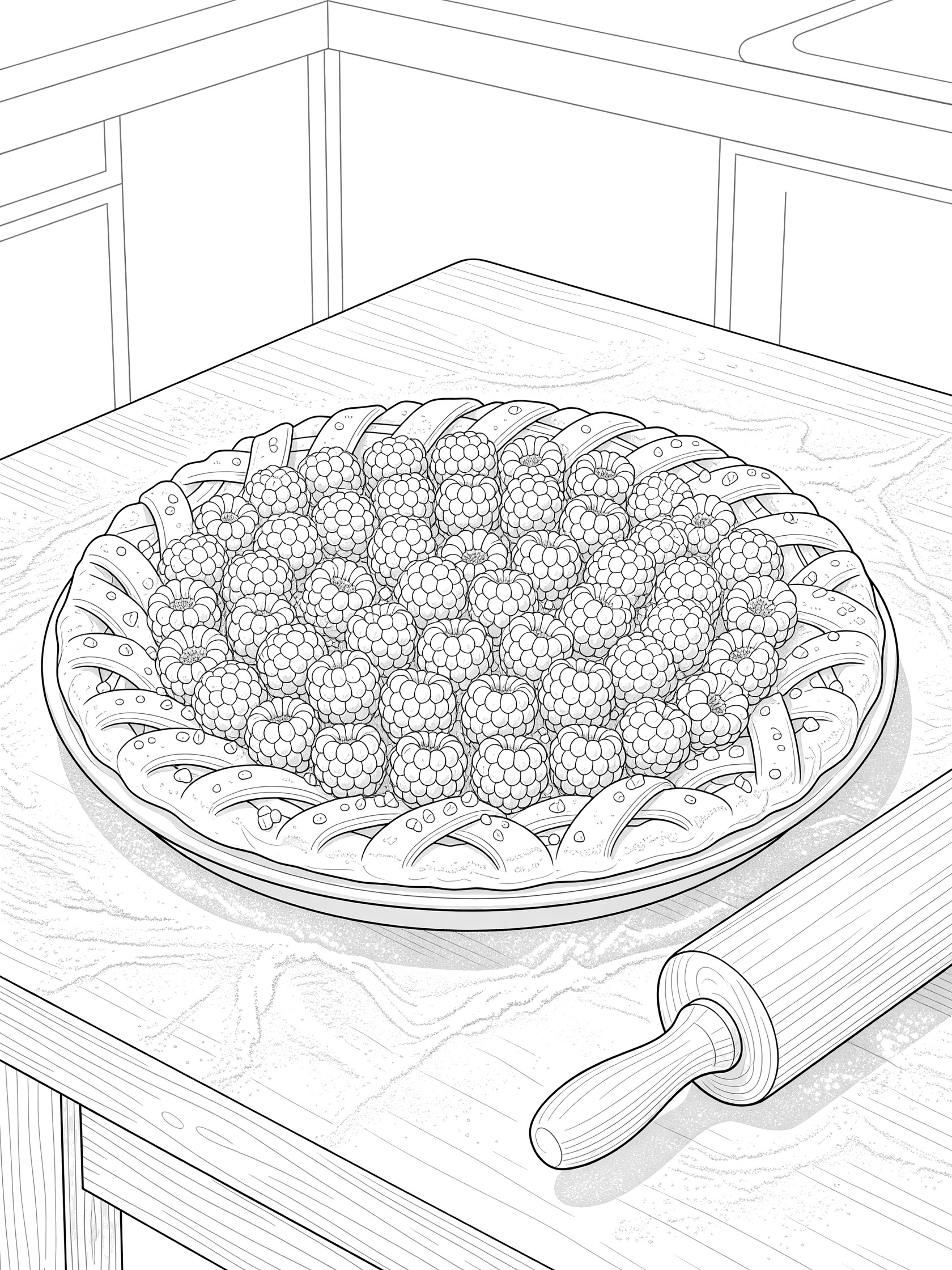 Printable coloring page of a round raspberry tart on a tray with arranged raspberries, pastry lattice, sugar crystals, and rolling pin on a kitchen table