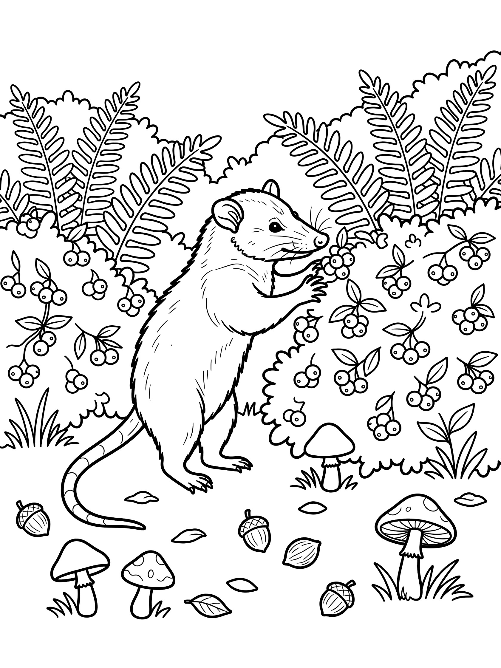 Black and white line art coloring page showing a rat on hind legs reaching for berries among bushes, ferns, mushrooms and nuts on forest floor. Opossum themed black and white printable line art