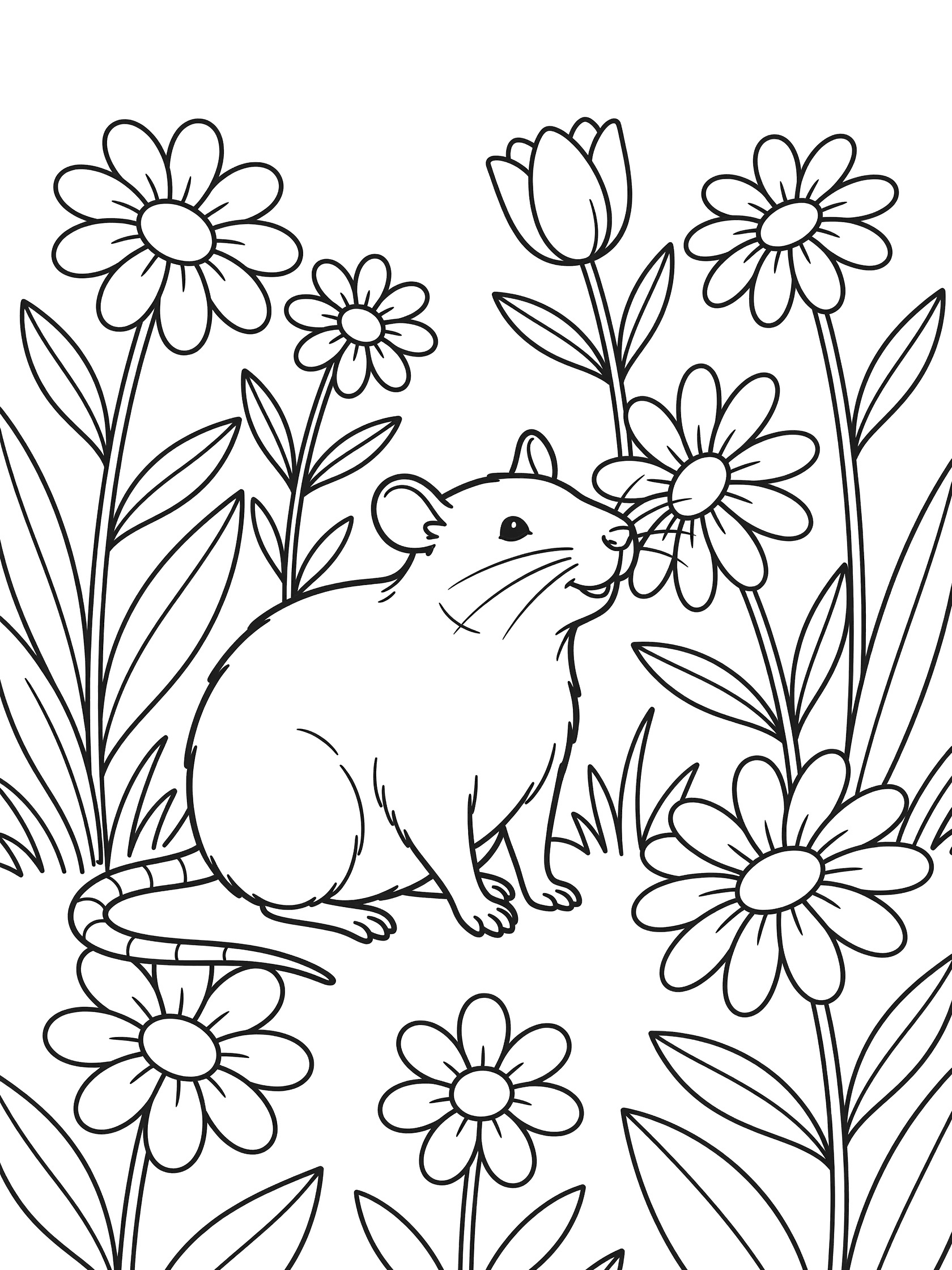 Black and white line art coloring page showing a rat sitting and sniffing a daisy flower with more daisies, tulips, stems and leaves around it.