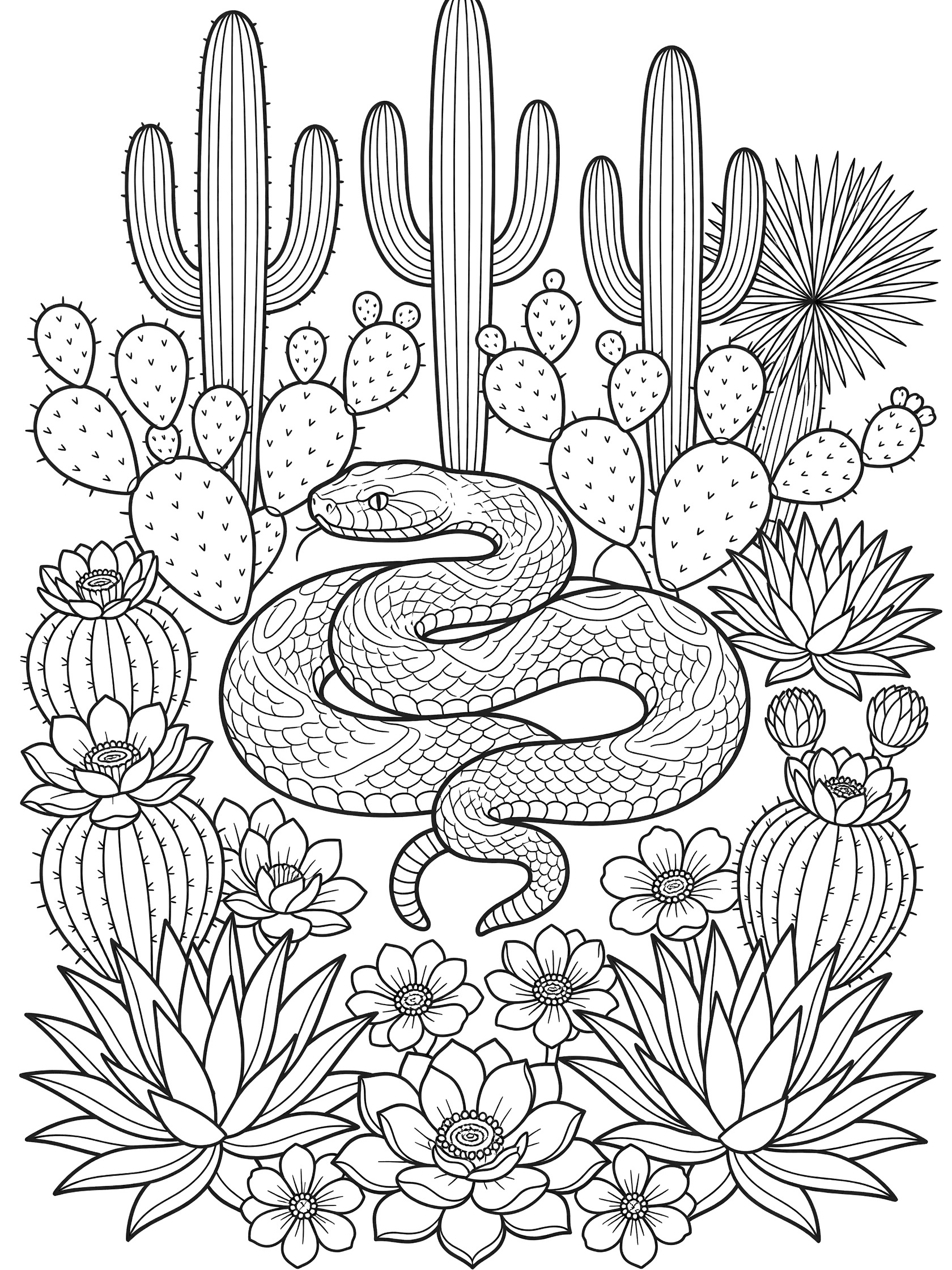 Black and white line art coloring page showing a coiled rattlesnake surrounded by tall cacti, prickly pear pads, agave plants, and blooming desert flowers.