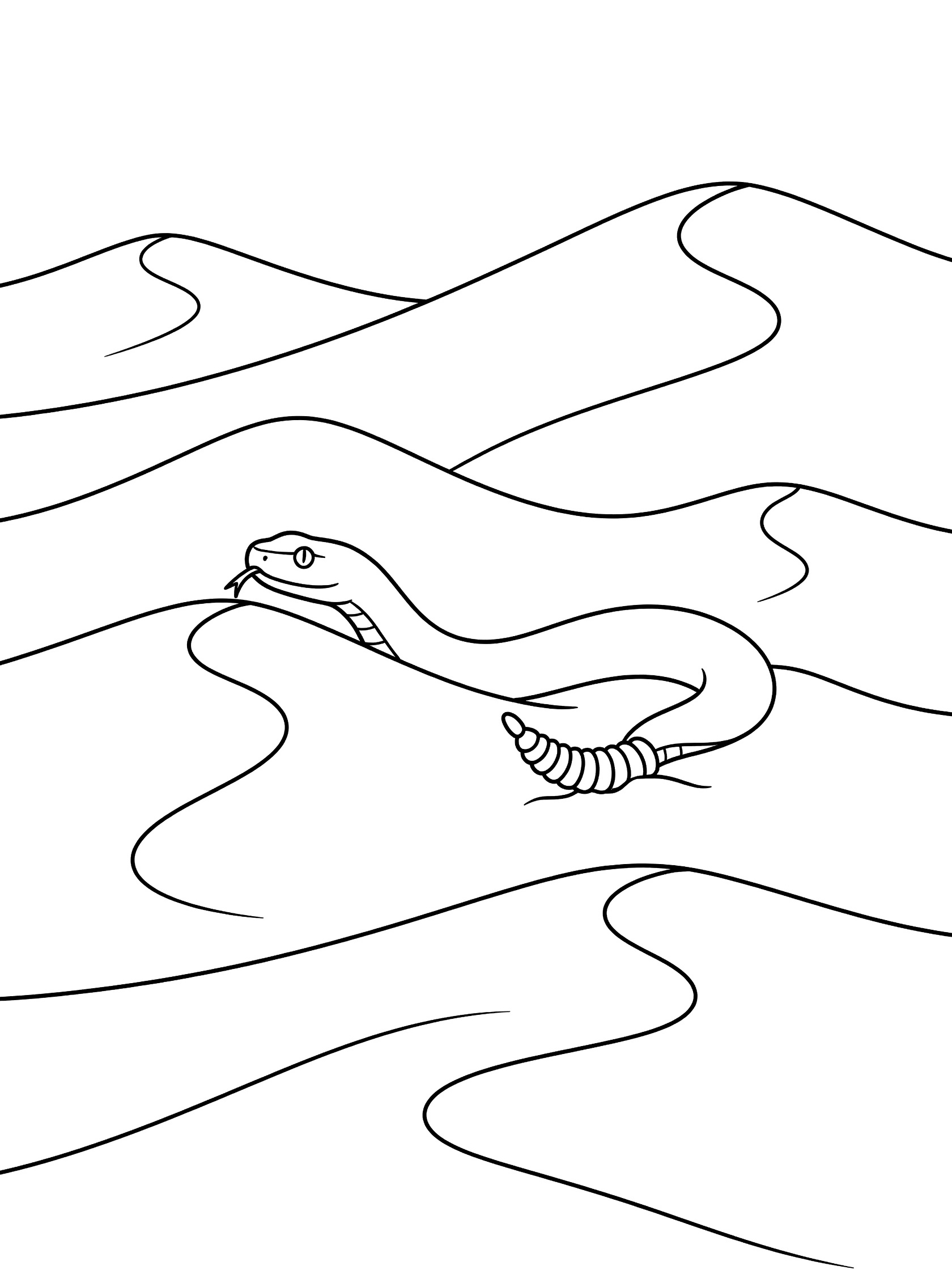 Black and white line art coloring page showing a rattlesnake partially buried in wavy sand dunes with head raised and rattle visible.