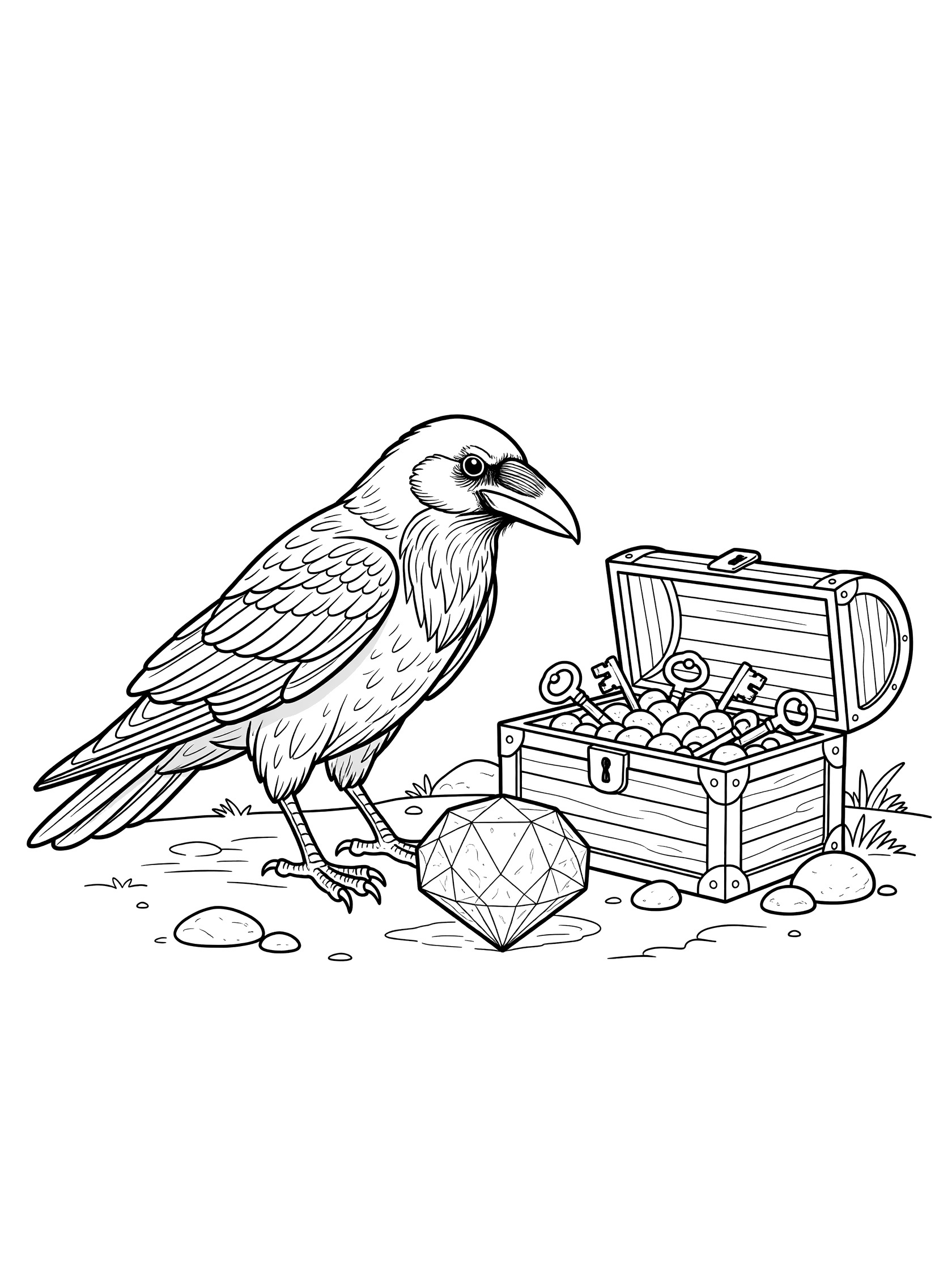 Black and white coloring page of a raven next to an open treasure chest filled with pebbles, keys, and coins, examining a large faceted gem on the ground.