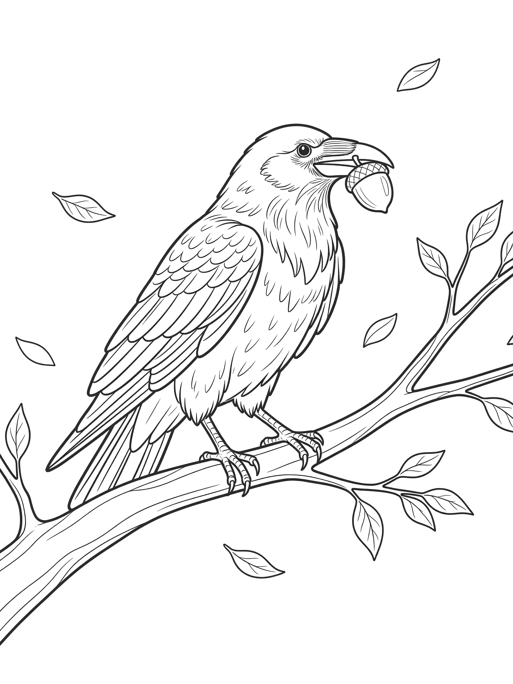 Black and white line art coloring page showing a raven sitting on a tree branch with an acorn in its beak and scattered leaves.