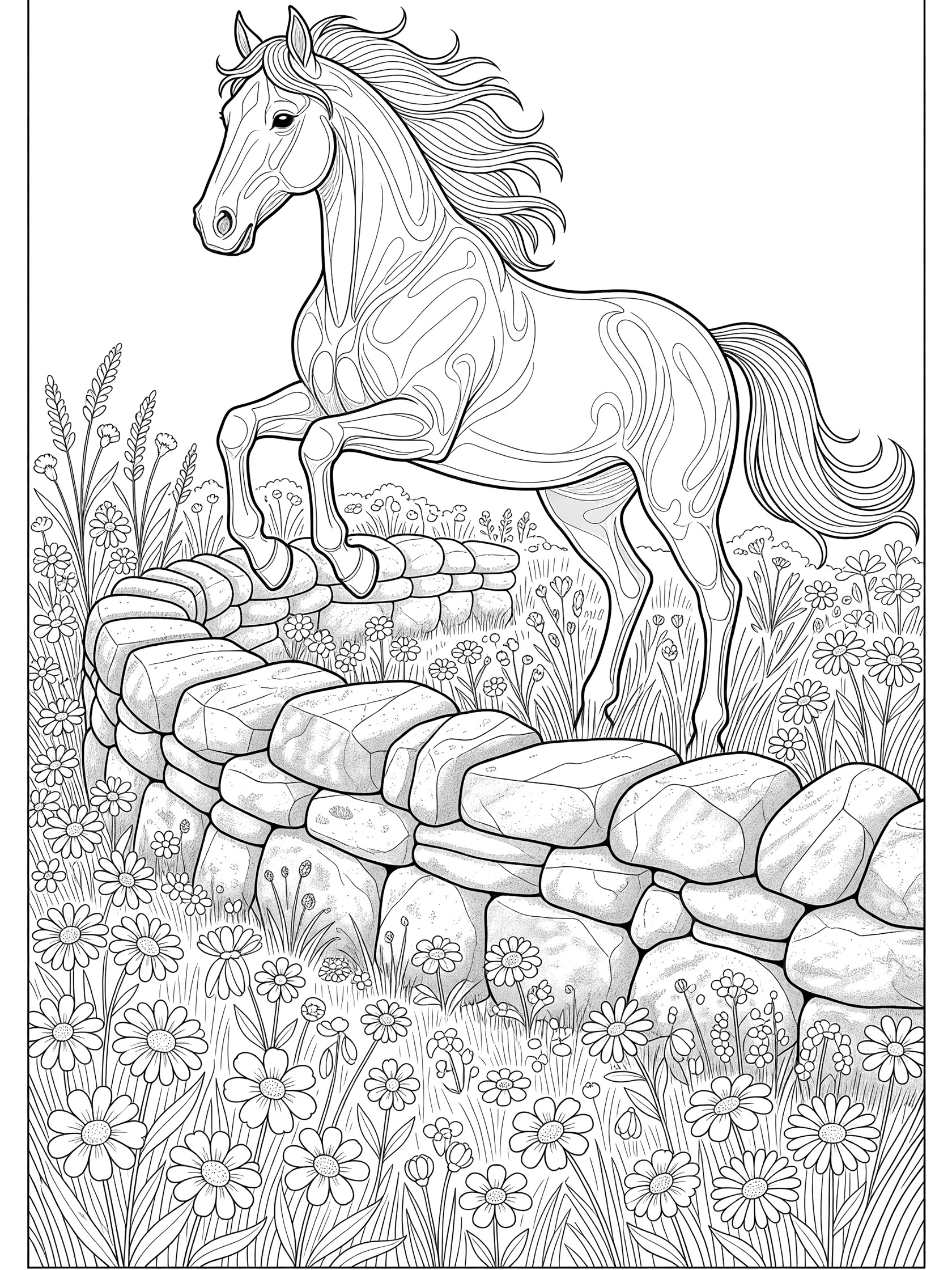 Black and white line art coloring page showing a horse rearing up on hind legs beside a stone wall surrounded by flowers and tall grass. Show Jumping themed black and white printable line art
