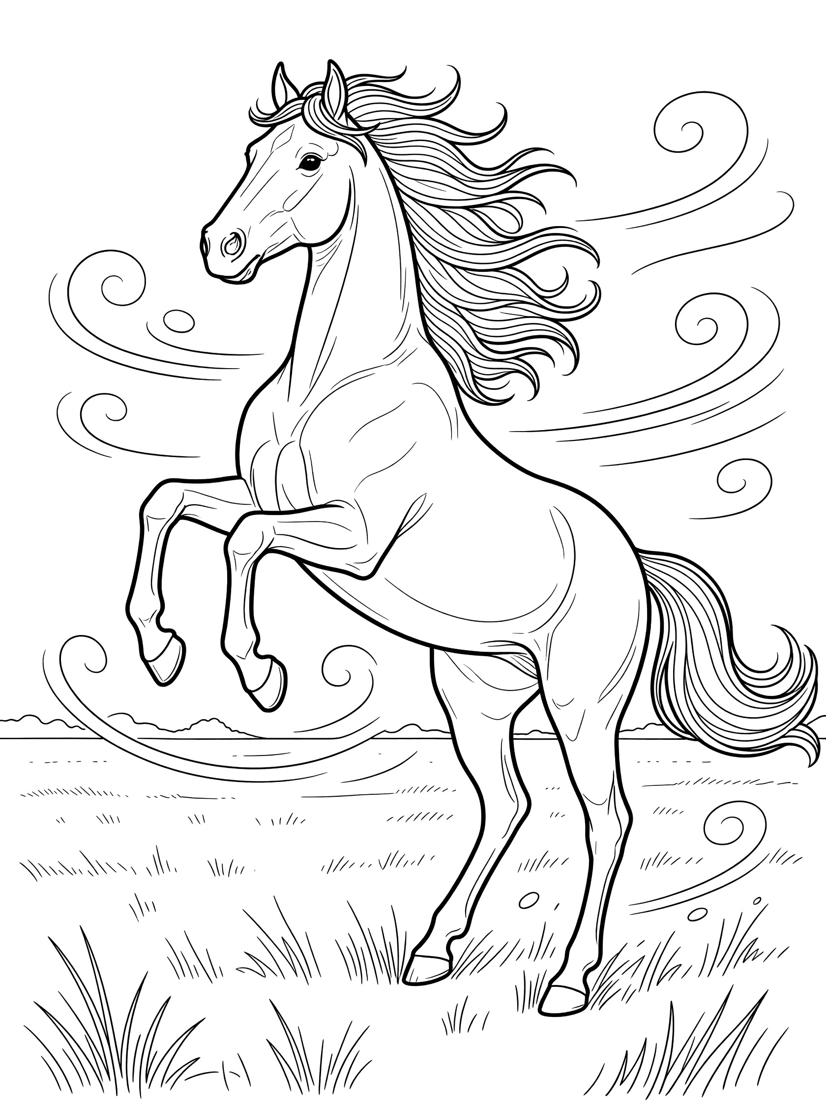 Black and white line art of a horse rearing up on hind legs with flowing mane and tail, swirling wind lines, and grass in an open field, coloring book style. Thoroughbred themed black and white printable line art