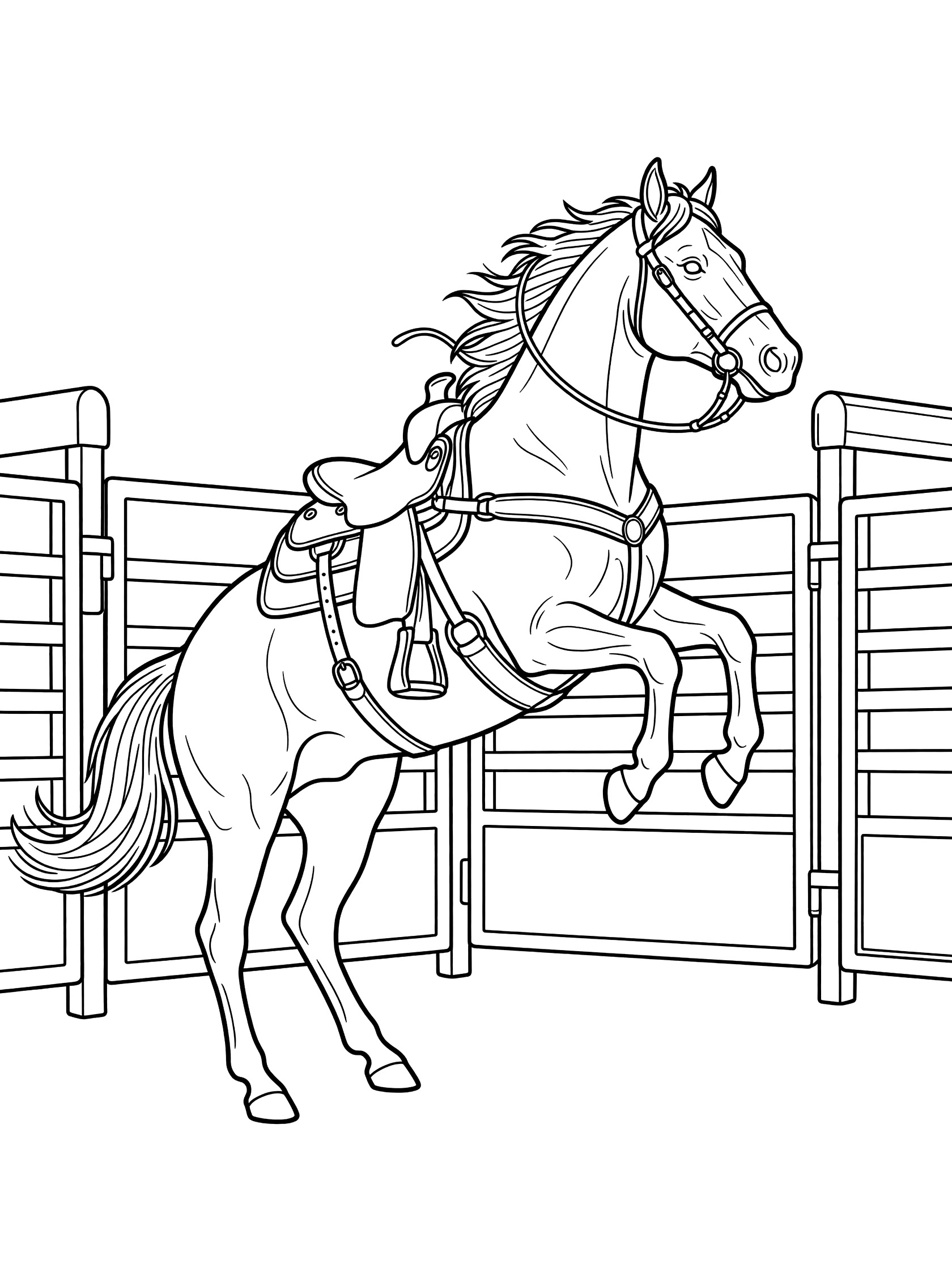Black and white line art coloring page showing a horse rearing on hind legs inside a corral with wooden gates, saddle, and swinging stirrups.