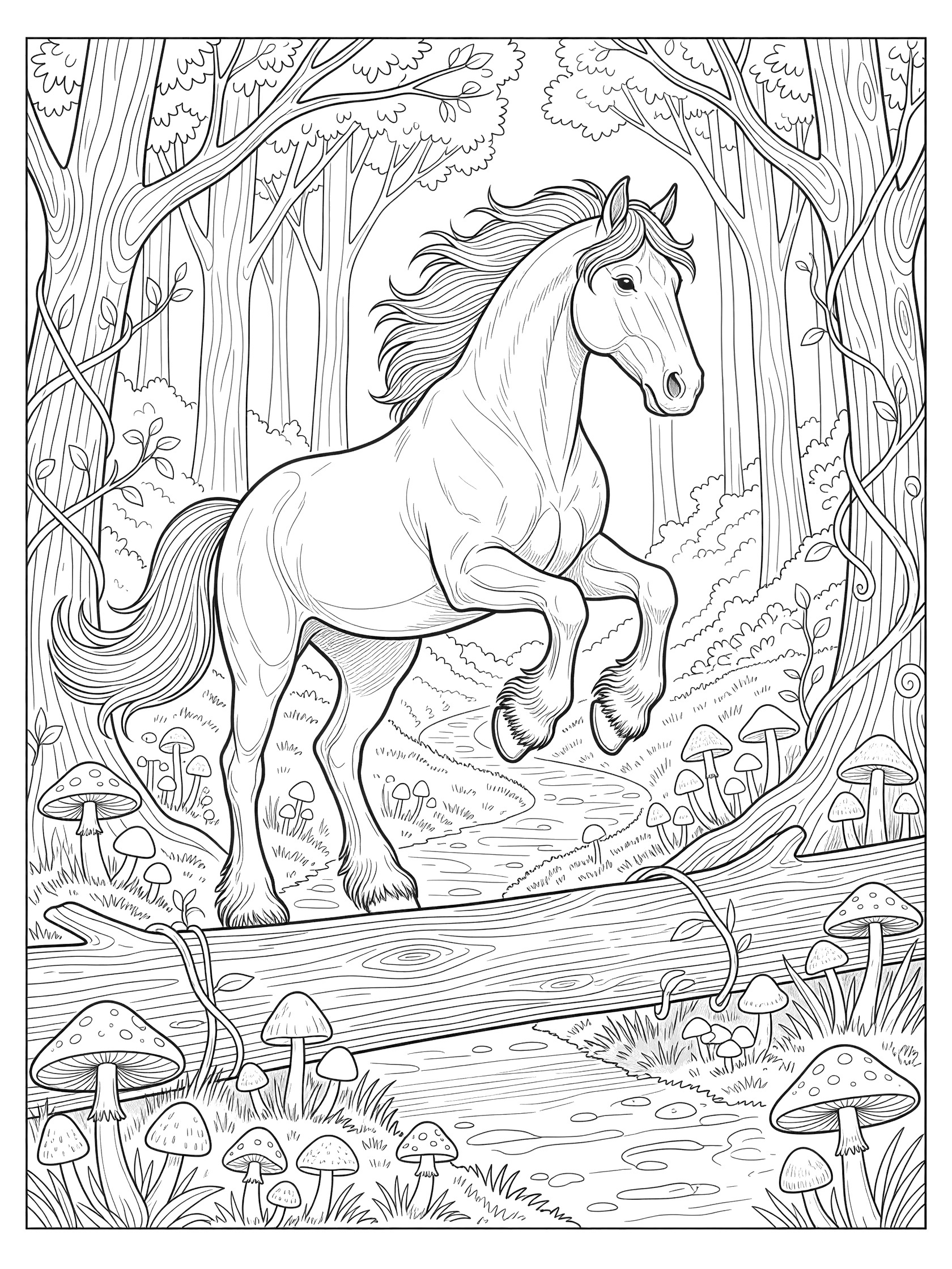 Black and white line art coloring page showing a horse rearing with front legs raised over a fallen log on a forest path surrounded by mushrooms, vines, ferns, and trees. Clydesdale themed black and white printable line art