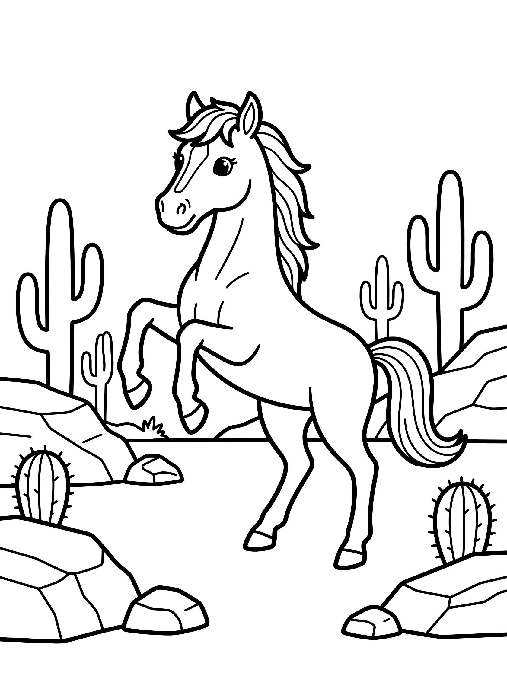 Black and white line art coloring page showing a kawaii horse rearing up on hind legs surrounded by tall cacti and rocky desert ground