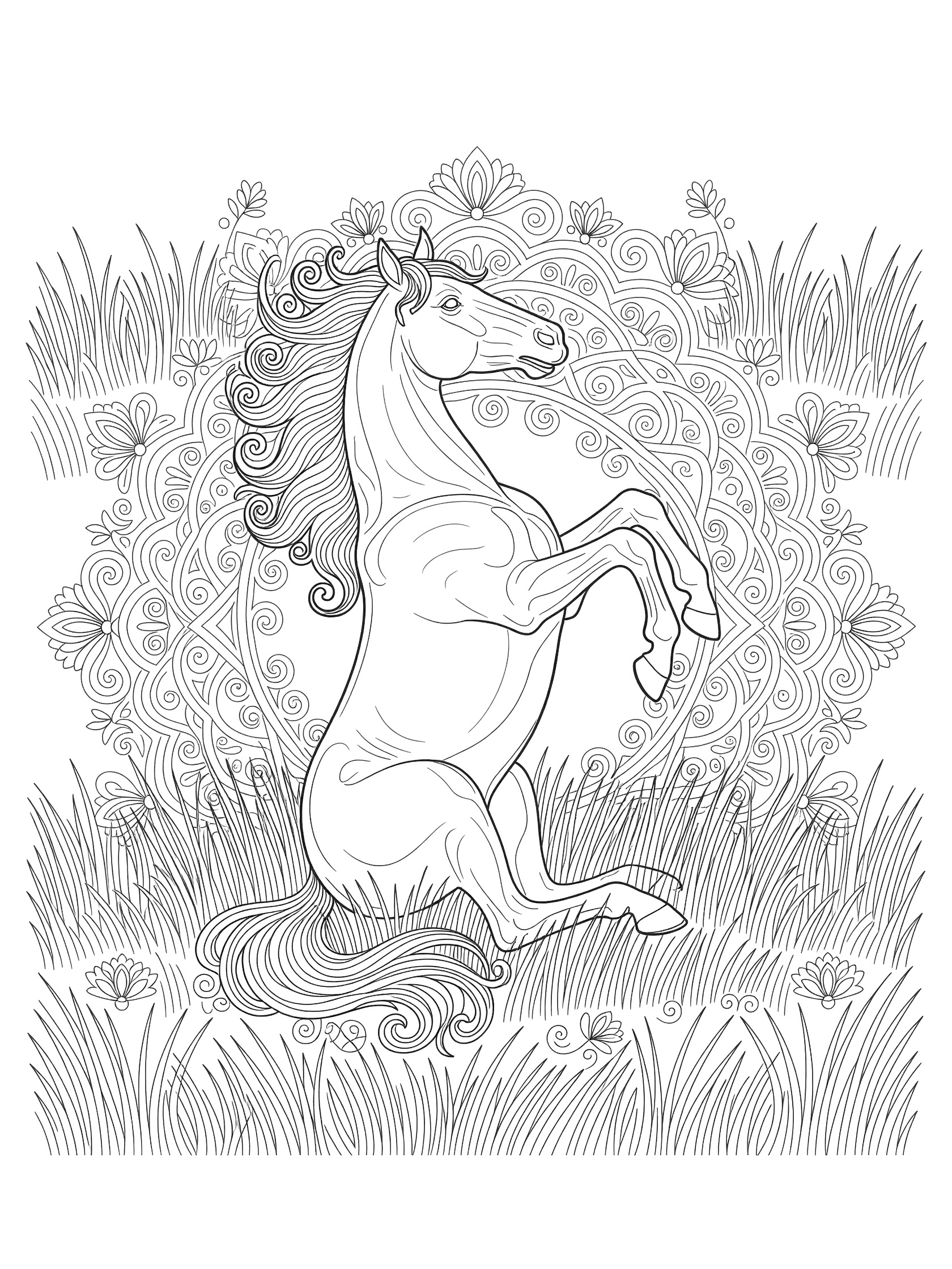 Black and white line art coloring page showing a horse rearing up on hind legs, with flowing mane, detailed grass, and floral mandala patterns around it. Thoroughbred themed black and white printable line art