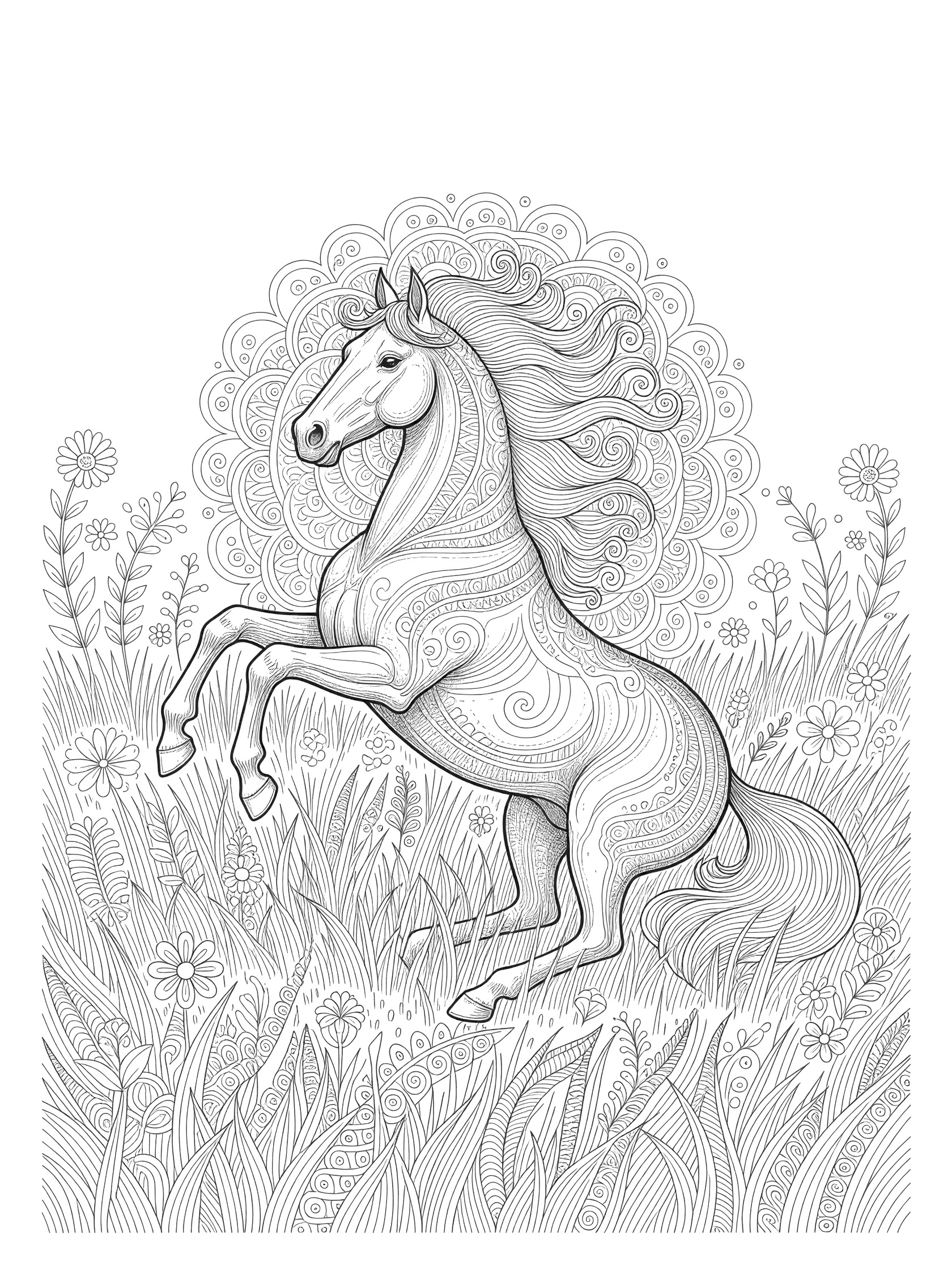 Black and white line art coloring page showing a horse rearing up with flowing mane, detailed grass and flower patterns around it. Thoroughbred themed black and white printable line art