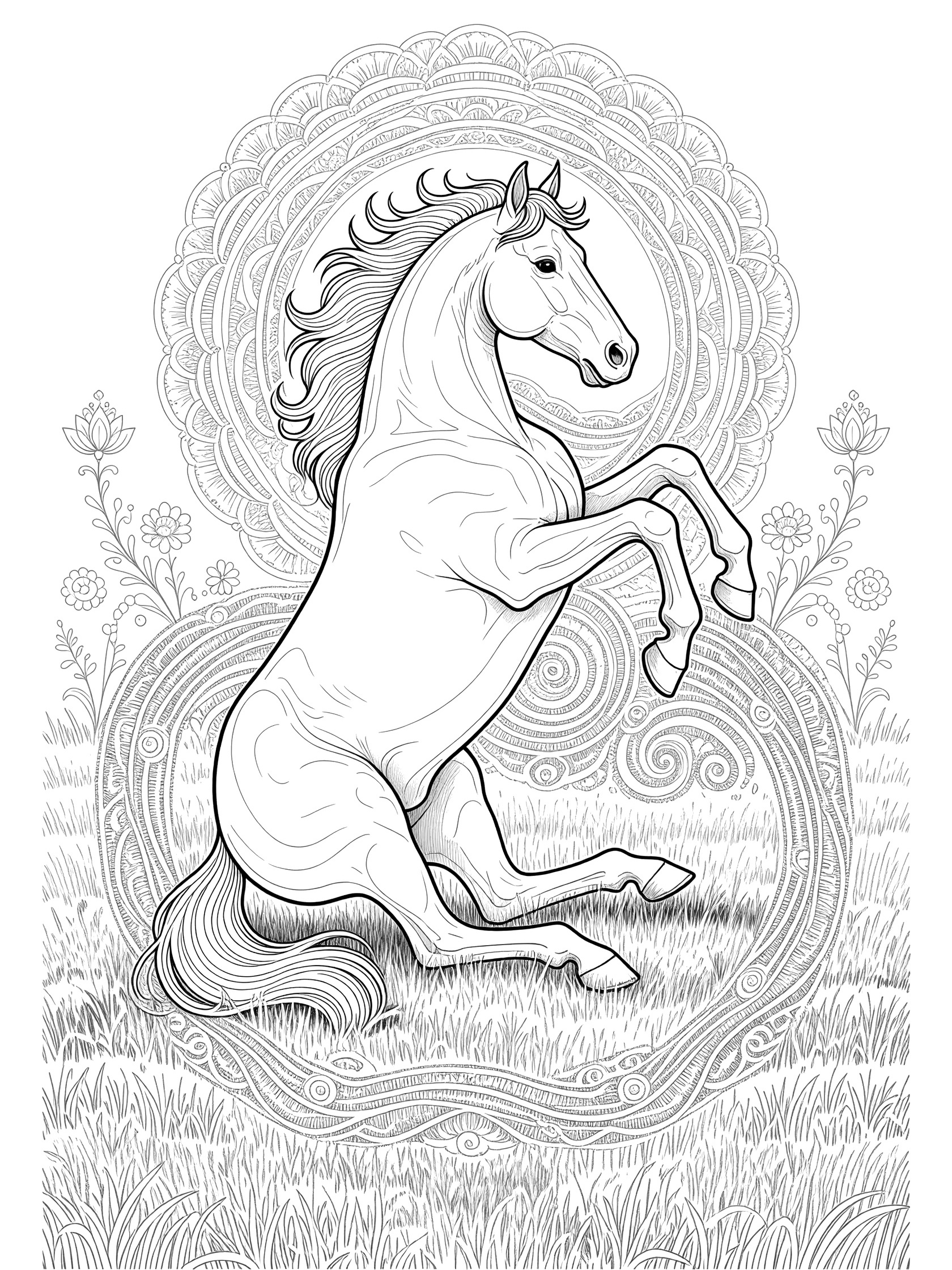 Black and white line art coloring page showing a horse rearing up on hind legs with flowing mane, detailed patterns in mane and grass, and symmetric floral motifs around it. Thoroughbred themed black and white printable line art