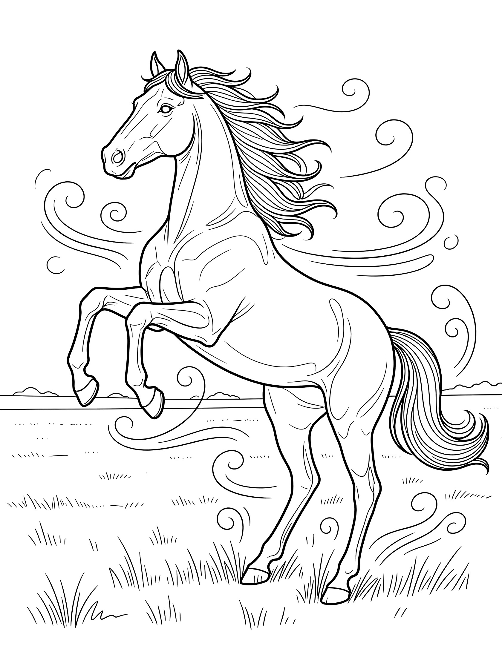 Black and white line art coloring page showing a horse standing on hind legs with front hooves raised, flowing mane and tail, wind swirls around, and simple field lines at bottom. Thoroughbred themed black and white printable line art