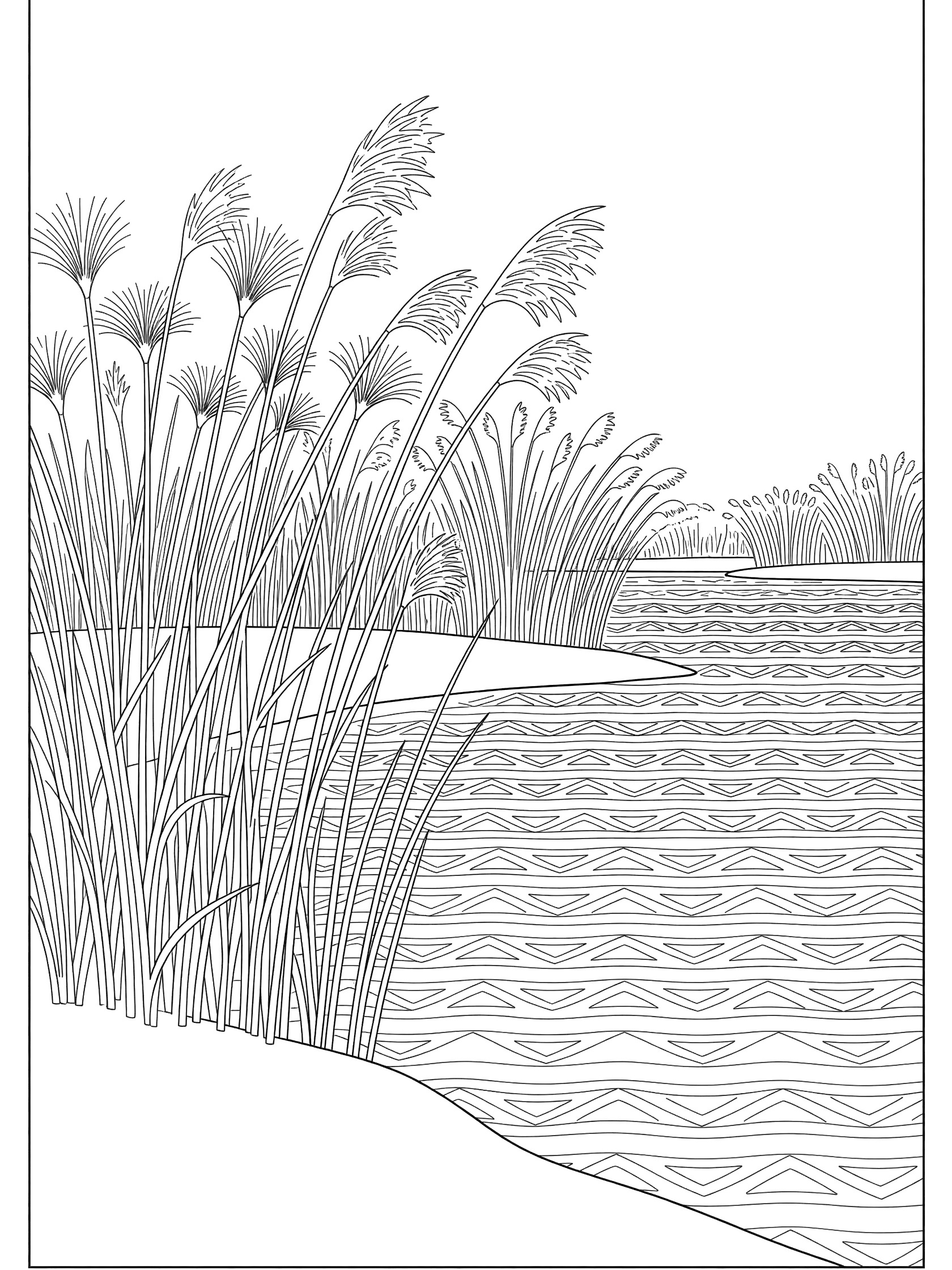 Black and white line art coloring page of clustered tall reeds swaying over a river with geometric wave water and white background. The Nile River themed black and white printable line art