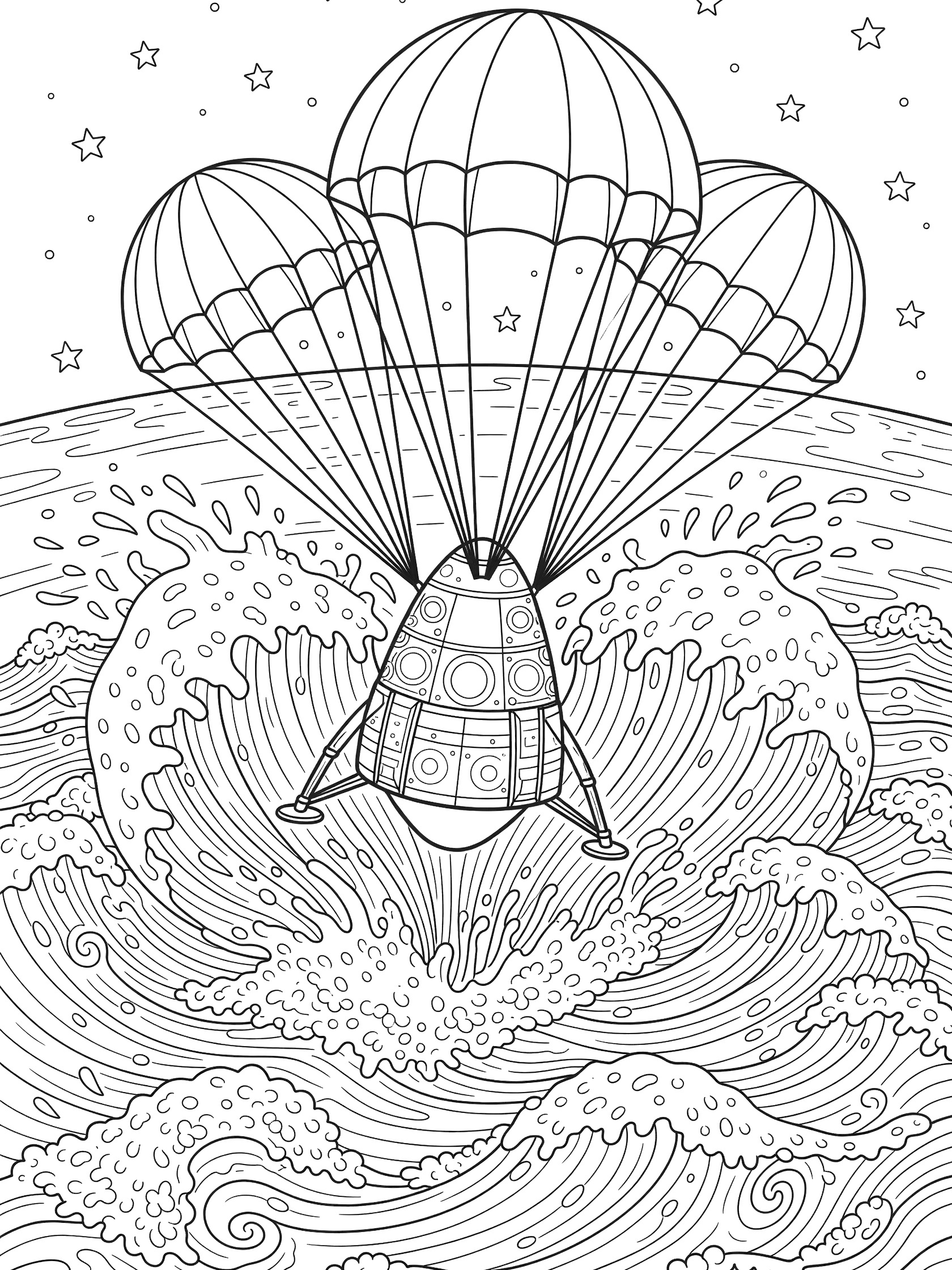 Coloring page showing a cone-shaped reentry vehicle capsule splashing into choppy ocean waves with billowing parachutes, foam splashes, heat shield details, landing legs, and starry sky background.