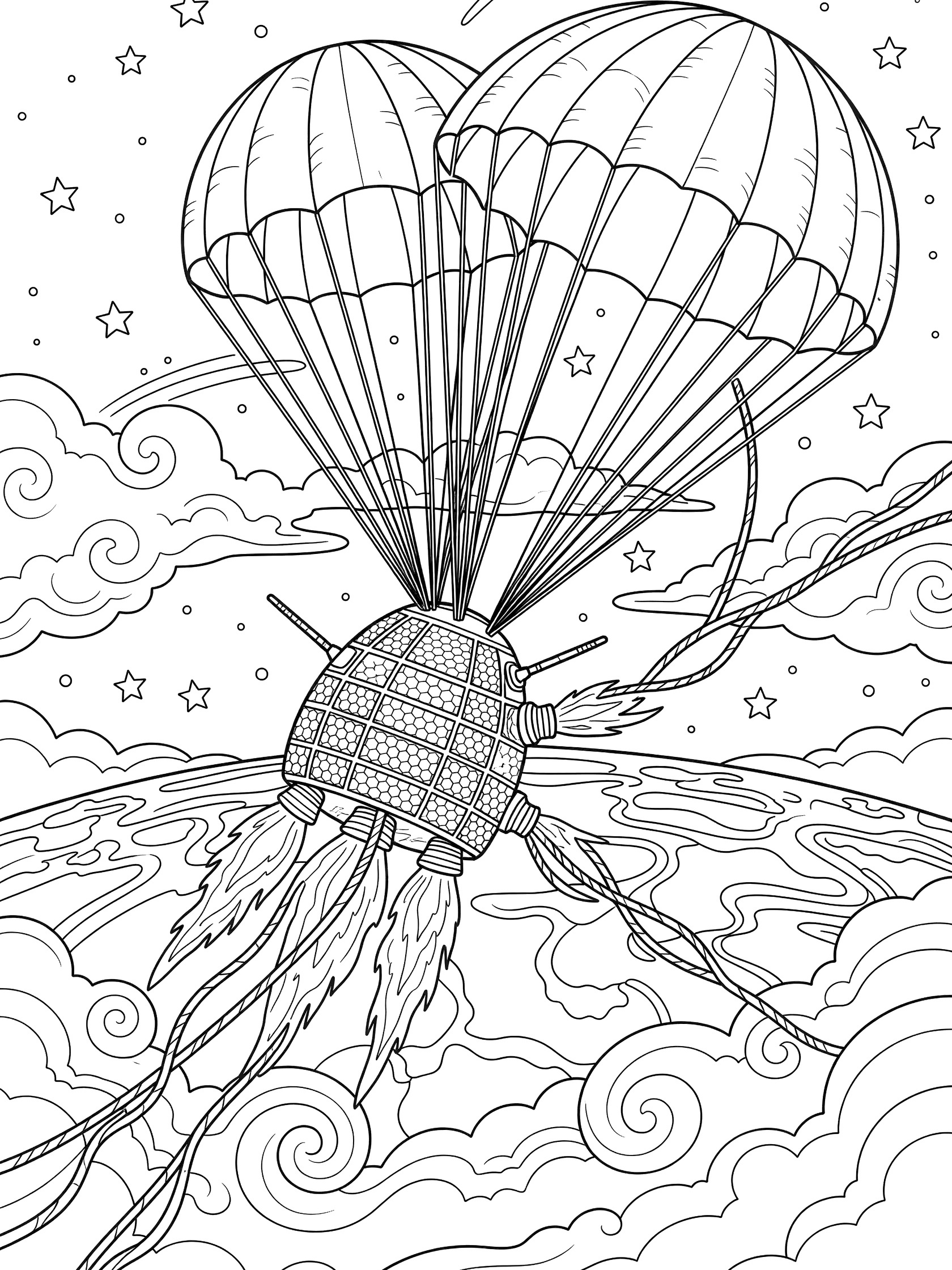 Detailed line art coloring page of a reentry vehicle capsule with two unfurling drogue parachutes, thruster flames, starry space above, clouds below, and curved Earth view