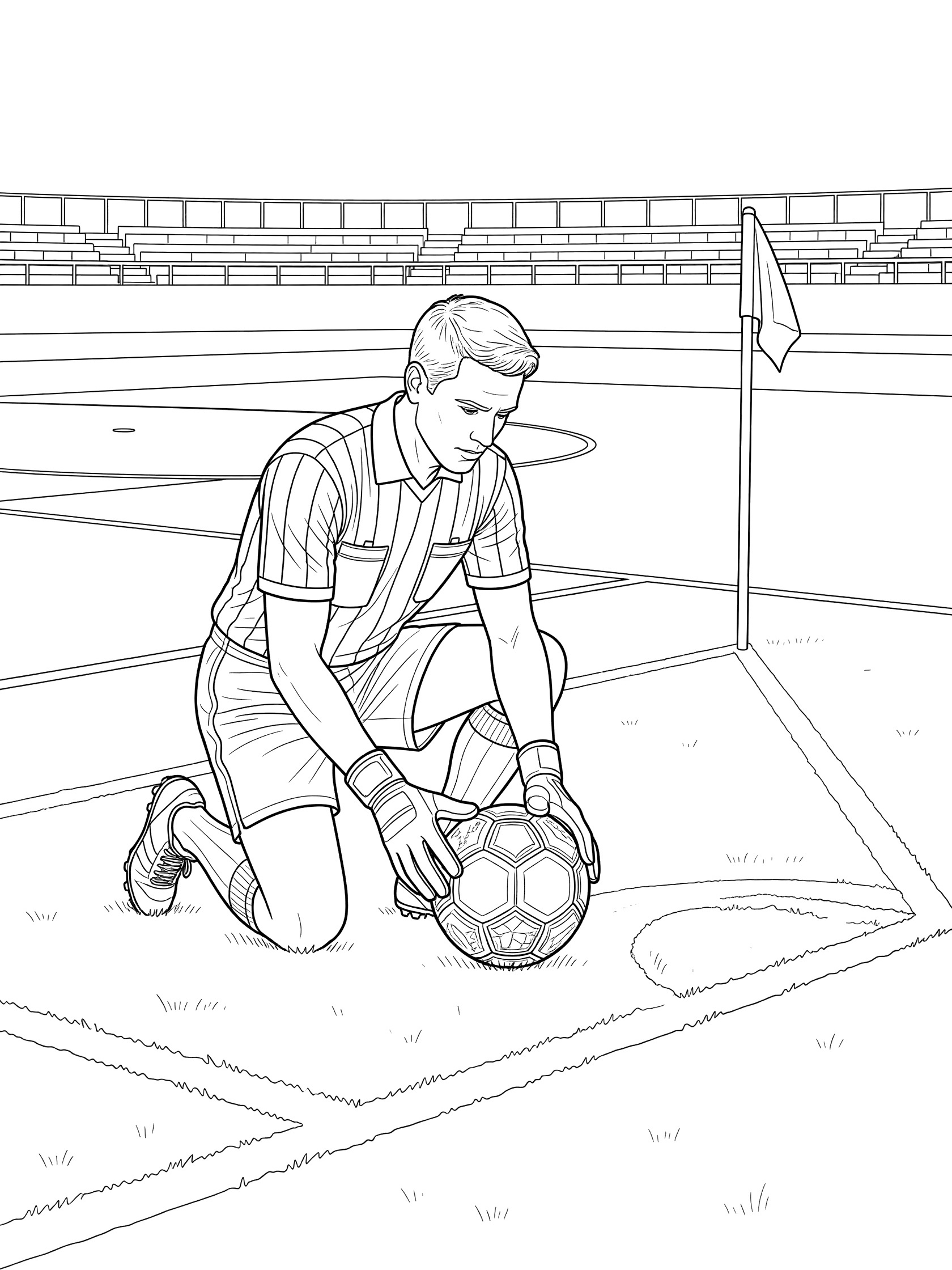Black and white line art of a referee in uniform kneeling to inspect a soccer ball on the football field with corner flag and stadium in background