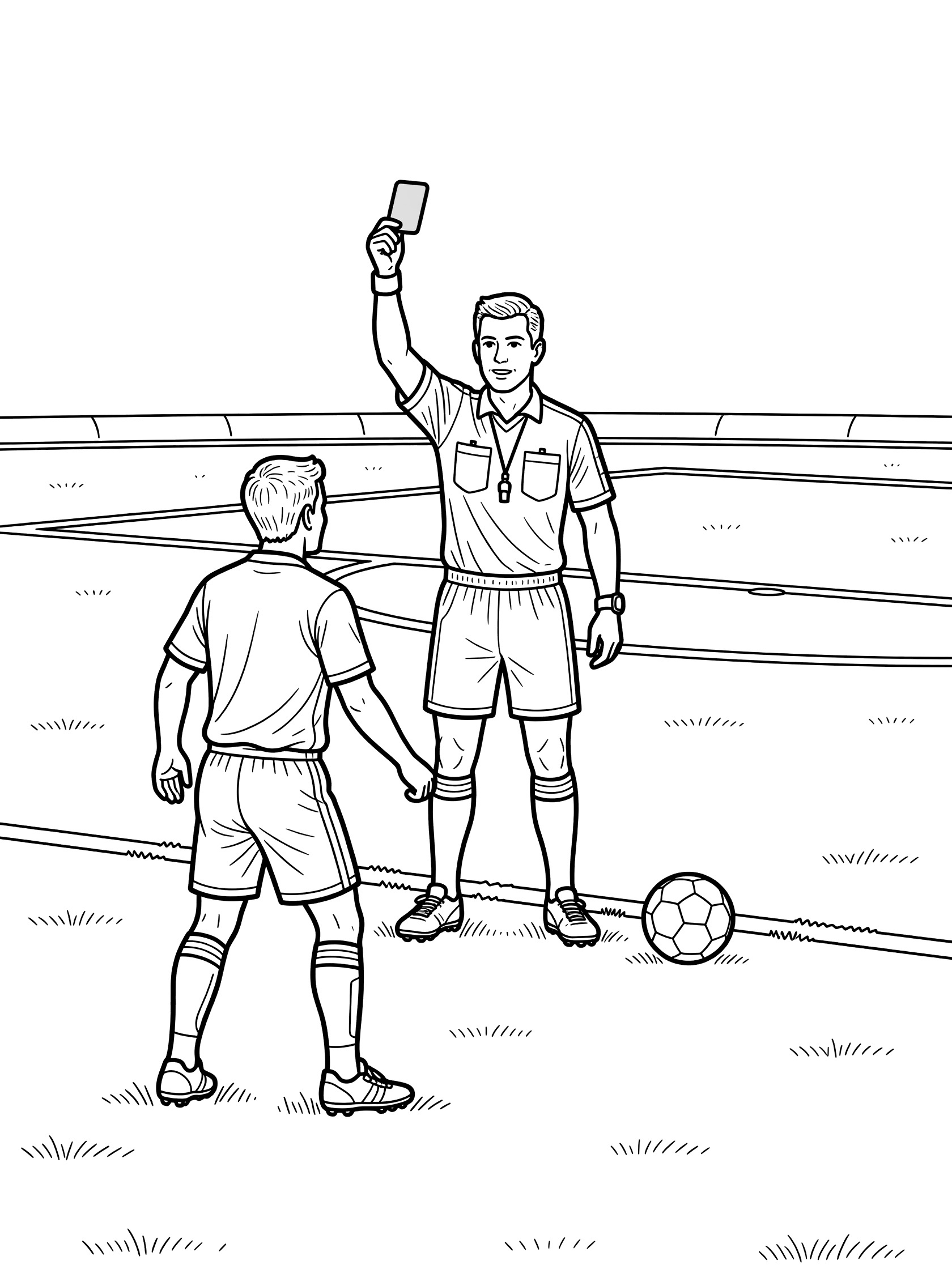 Black and white line art coloring page showing a referee holding up a yellow card to a player, soccer ball on the grass, football pitch background.