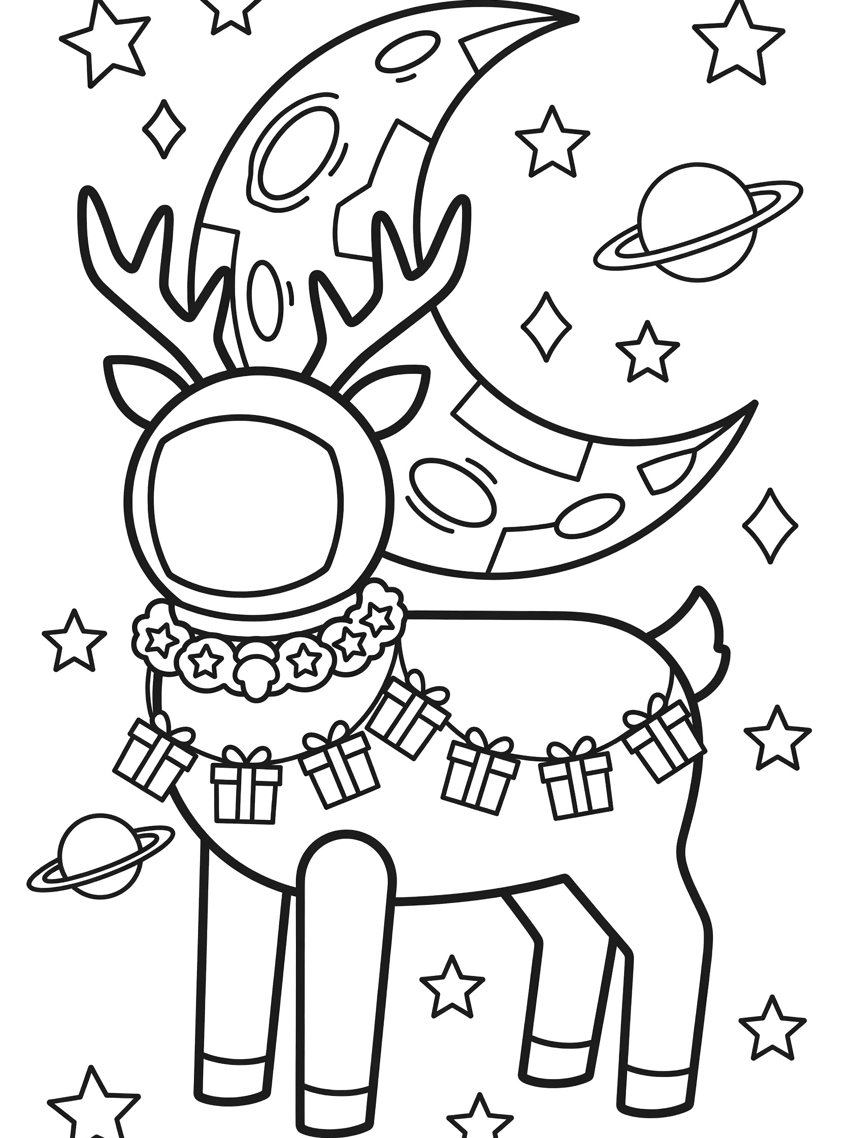 Simple geometric black and white coloring page of a reindeer astronaut for alphabet animals worksheet, space holiday theme, easy tween activity