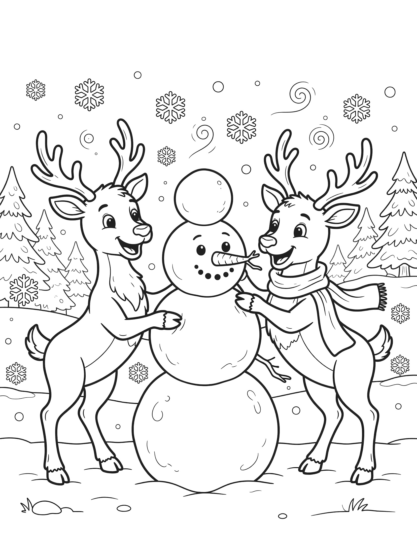 Two happy reindeer stacking snowballs and decorating a snowman with carrot nose, twig mouth, stick arms, and scarf amid pine trees and snowflakes coloring page