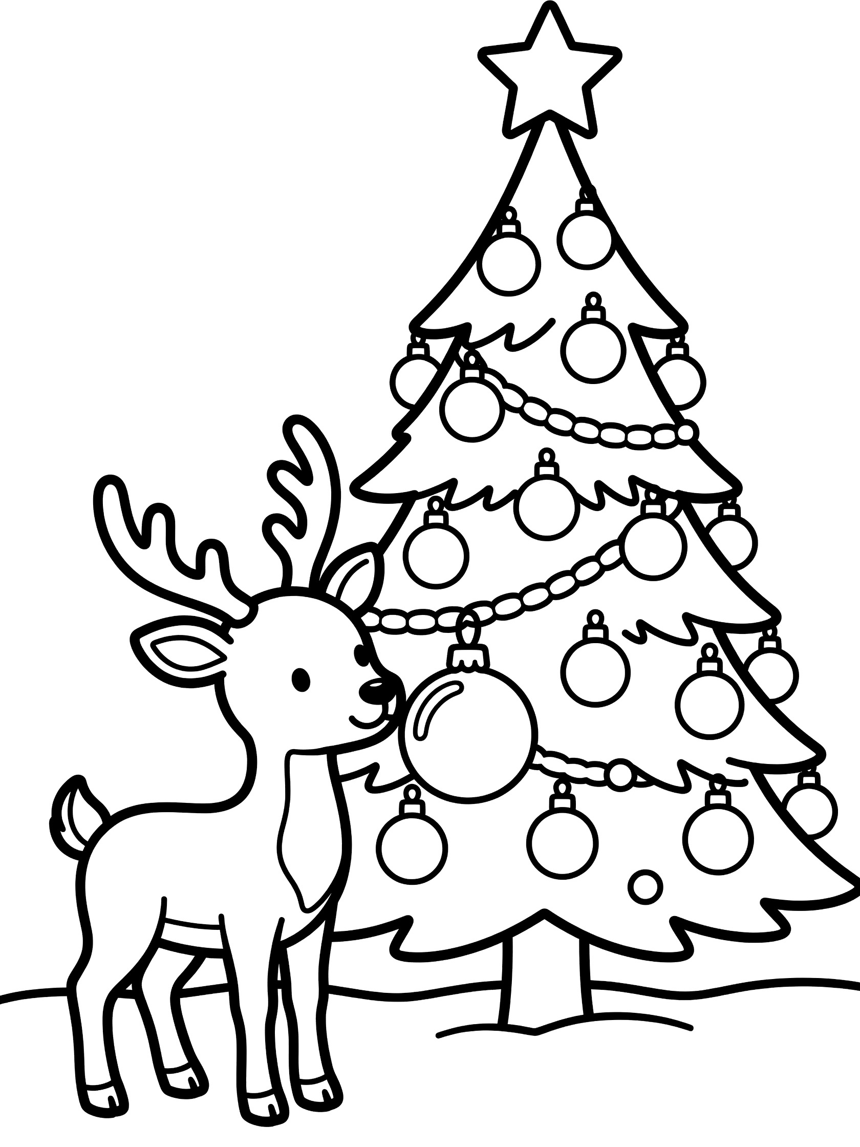 Black and white line art coloring page showing a cute reindeer beside a tall Christmas tree decorated with balls and a star, nuzzling an ornament on snowy ground.