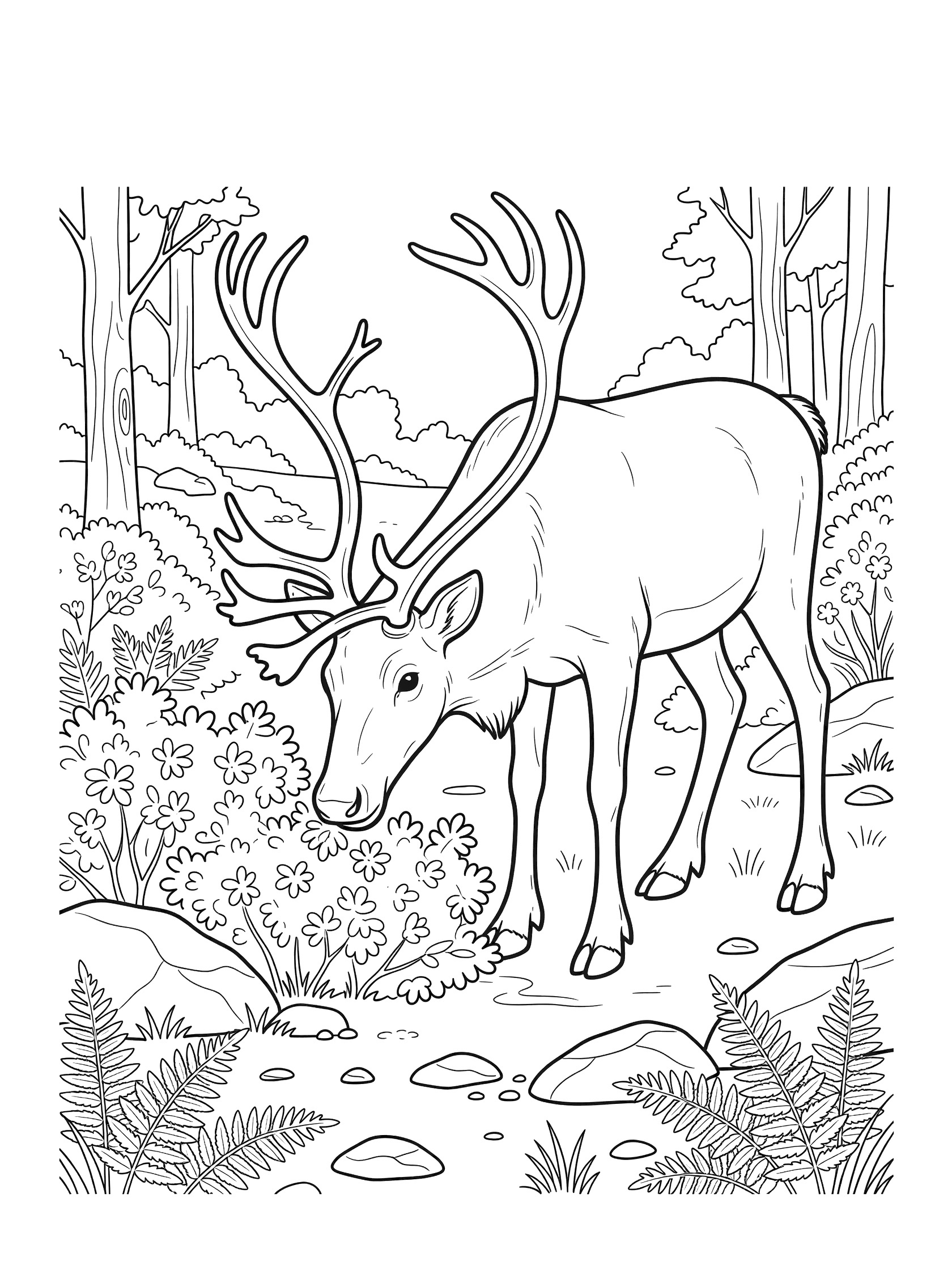 Black and white line art coloring page showing a reindeer with large curving antlers nibbling on leafy bushes in a forest. Ferns, rocks, and trees surround the scene. Caribou themed black and white printable line art