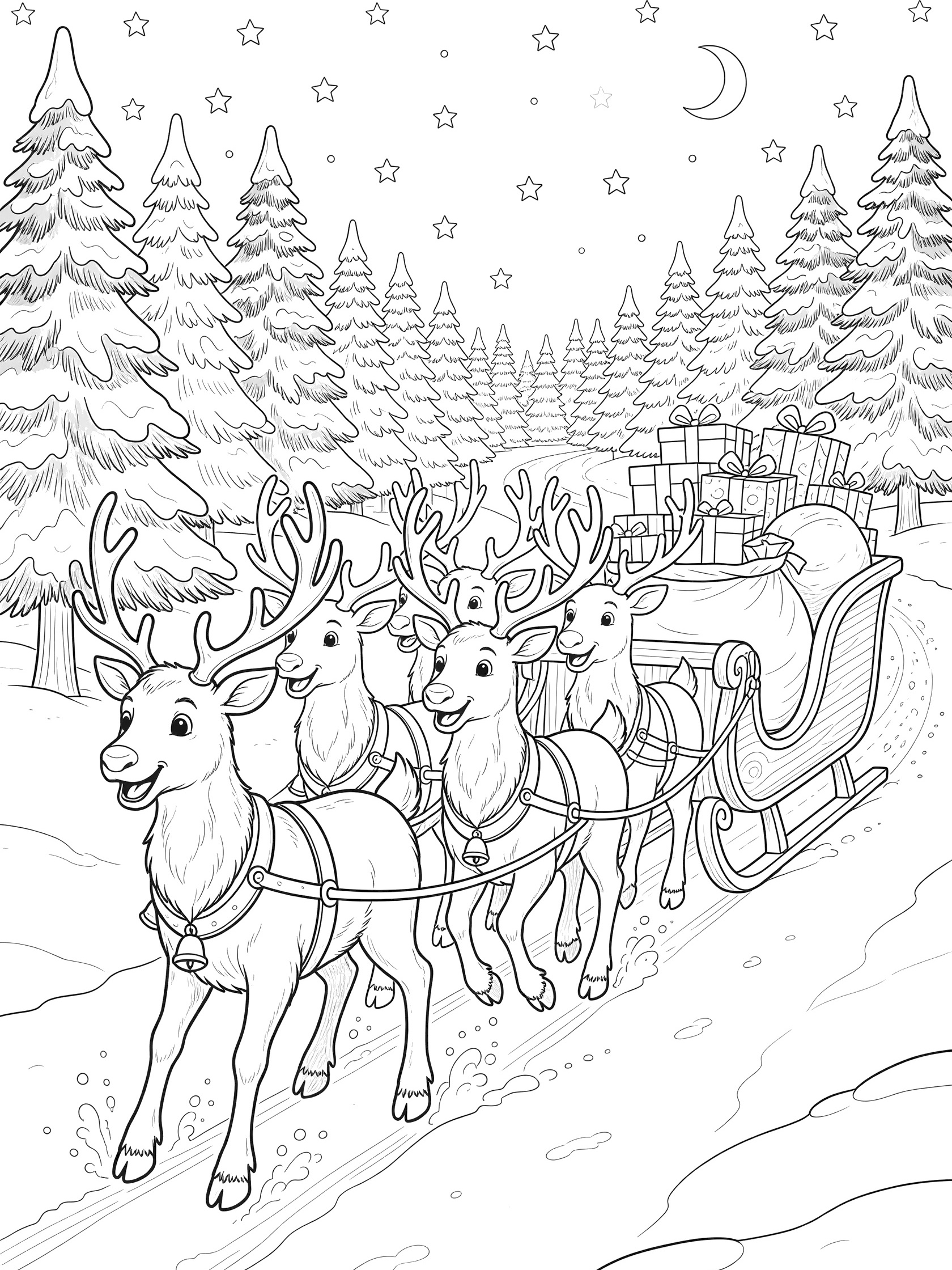 Line art coloring page showing a team of six happy reindeer harnessed to a sleigh loaded with gifts and a sack, trotting on a snowy path with pine trees and stars in the background