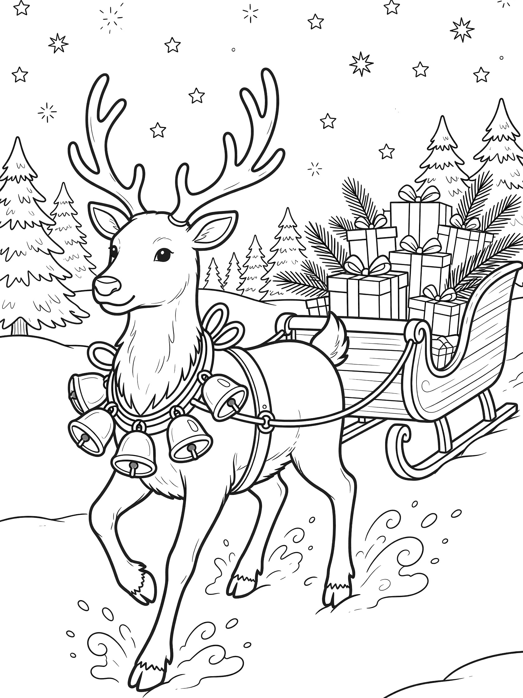 Printable coloring page showing a playful reindeer with sleigh bells harness prancing forward, pulling a wooden sleigh stacked with gift boxes and branches, on snowy ground with pine trees and stars