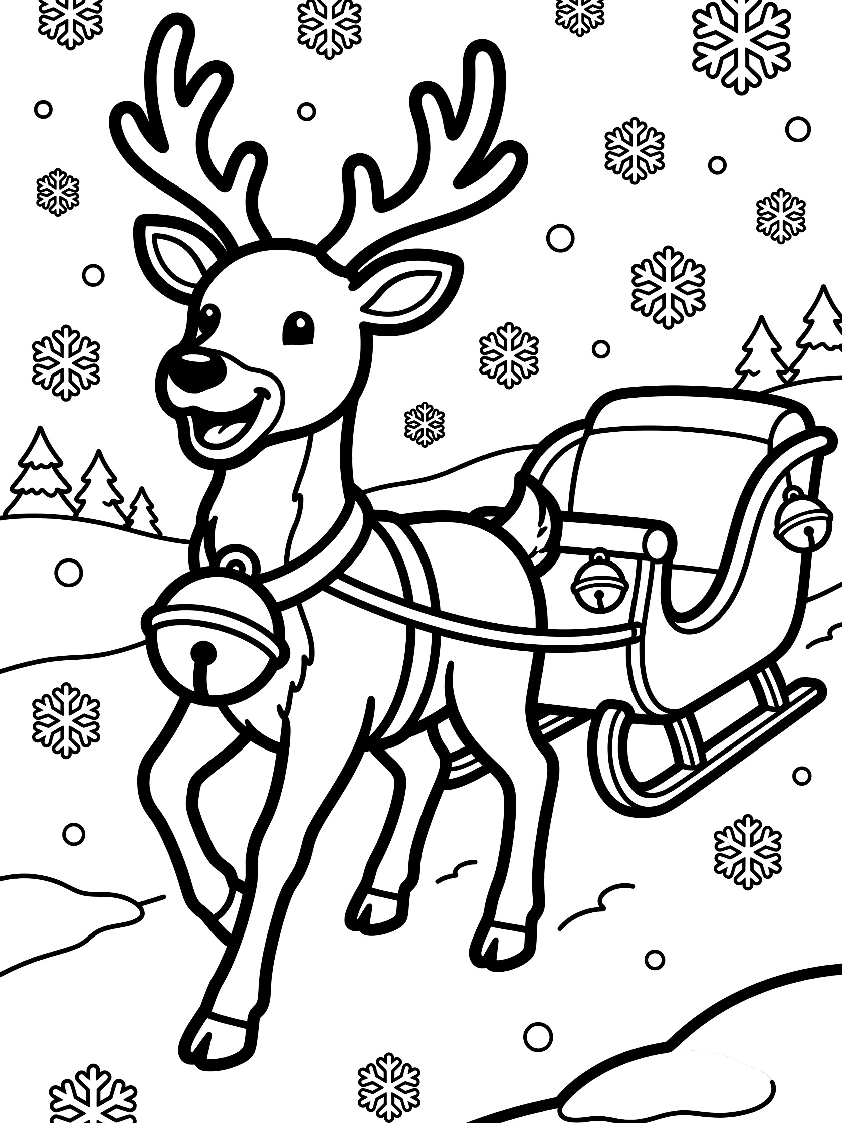 Black and white coloring page of a happy reindeer with antlers pulling Santa's sleigh through snow. Jingle bells dangle from the harness and sleigh amid falling snowflakes.