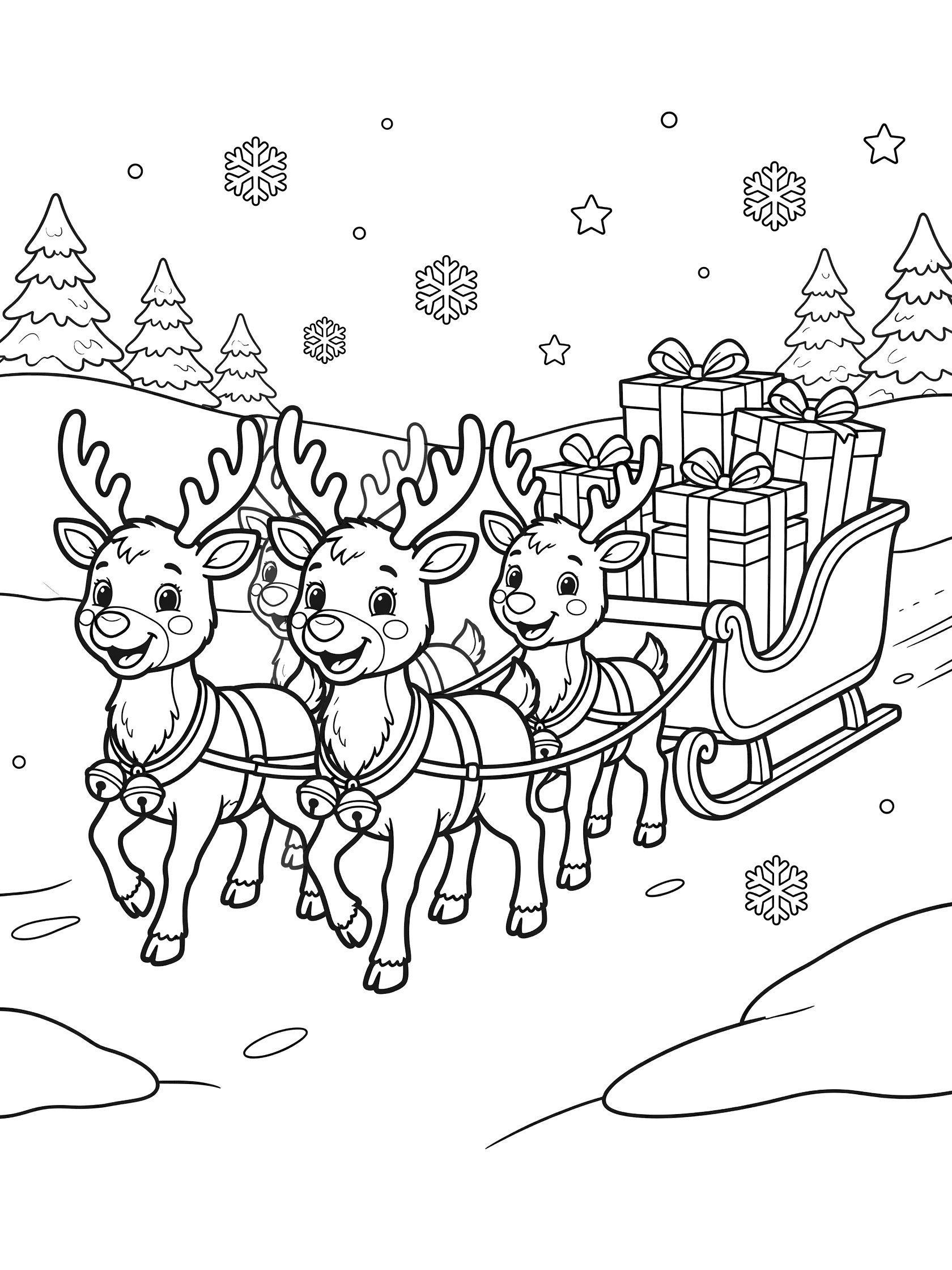 Cute cartoon coloring page with four cheerful reindeer in harnesses pulling a sleigh loaded with big presents over snowy ground with trees and snowflakes.