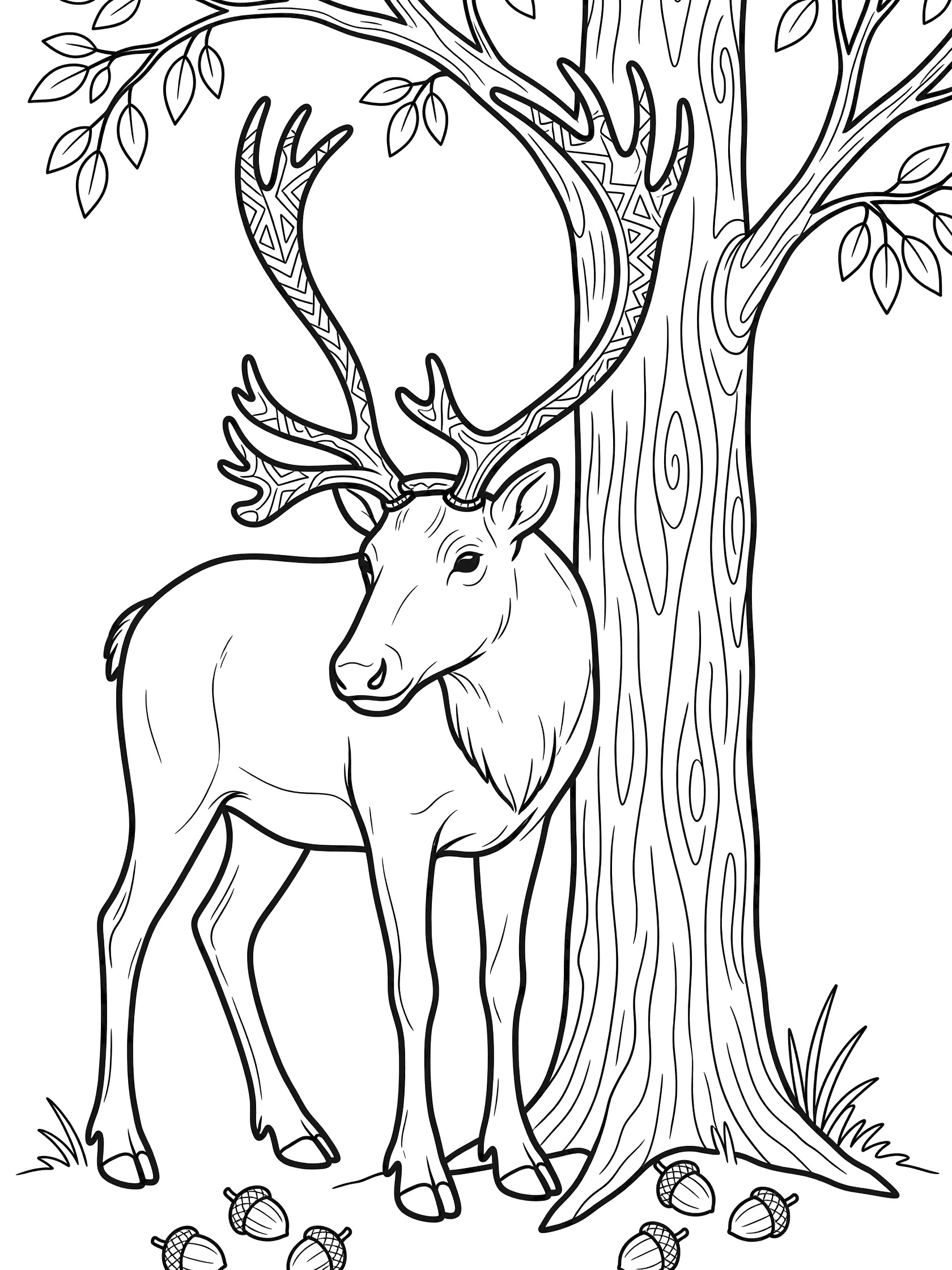 Line art coloring page showing a reindeer with geometric antlers next to a textured tree trunk, leaves overhead, and fallen acorns at its feet. Caribou themed black and white printable line art