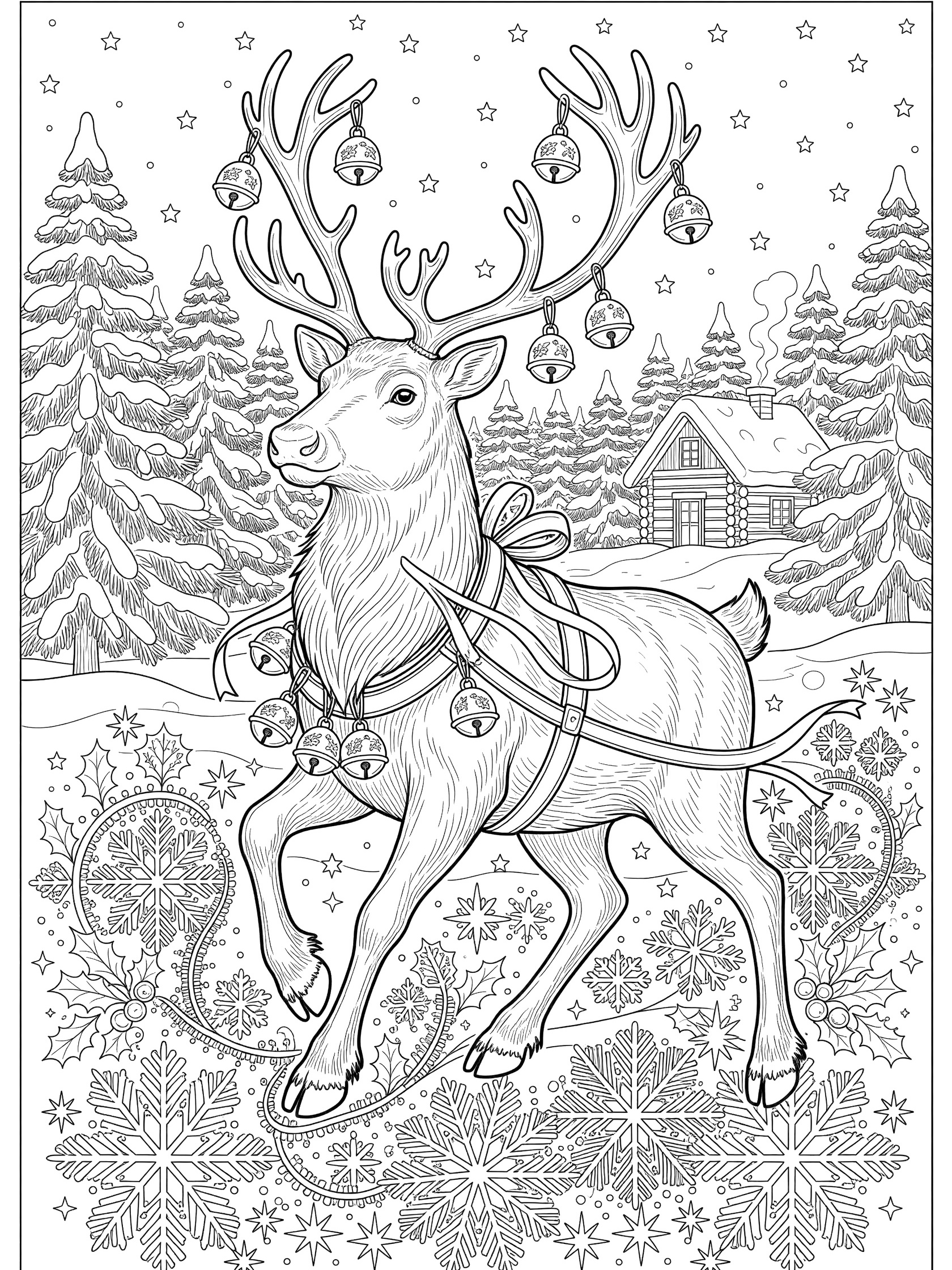 Detailed line art coloring page of a majestic reindeer prancing through snowy forest at night, antlers with jingle bells, harness with red ribbons, framed by snowflakes, holly, trees and cabin