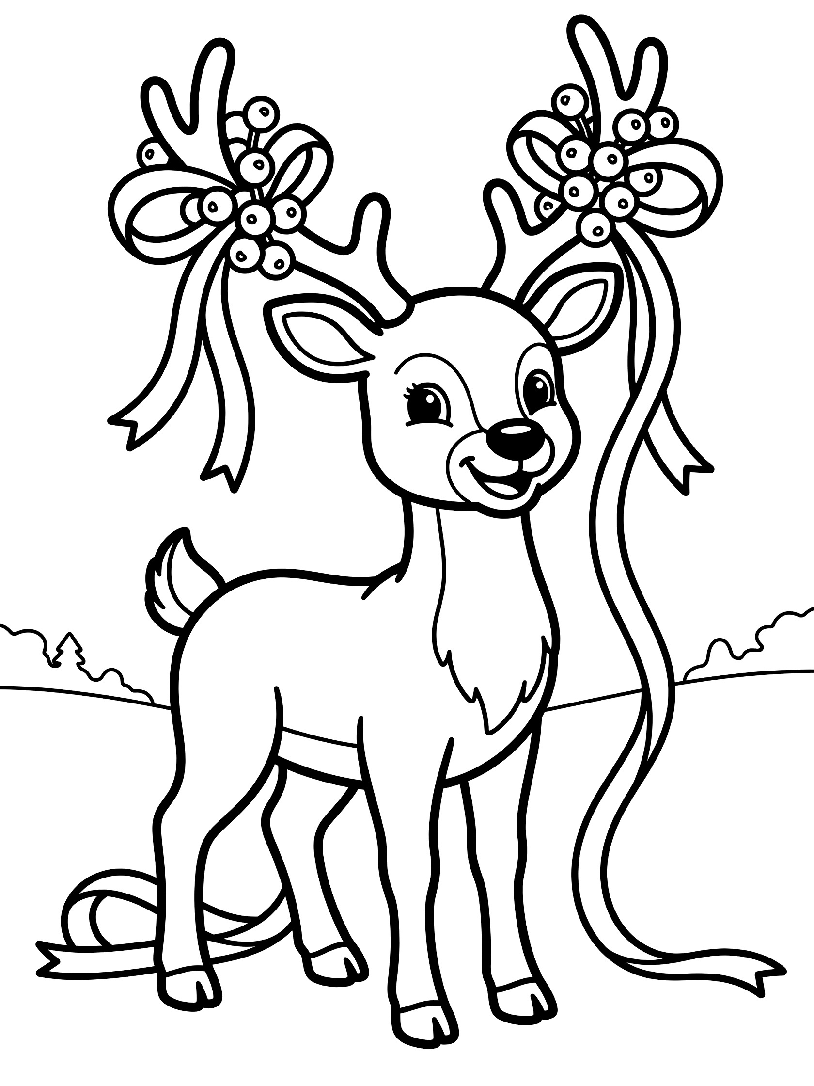 Cute reindeer standing with antlers adorned with berries and ribbons, simple black line art coloring page on white background