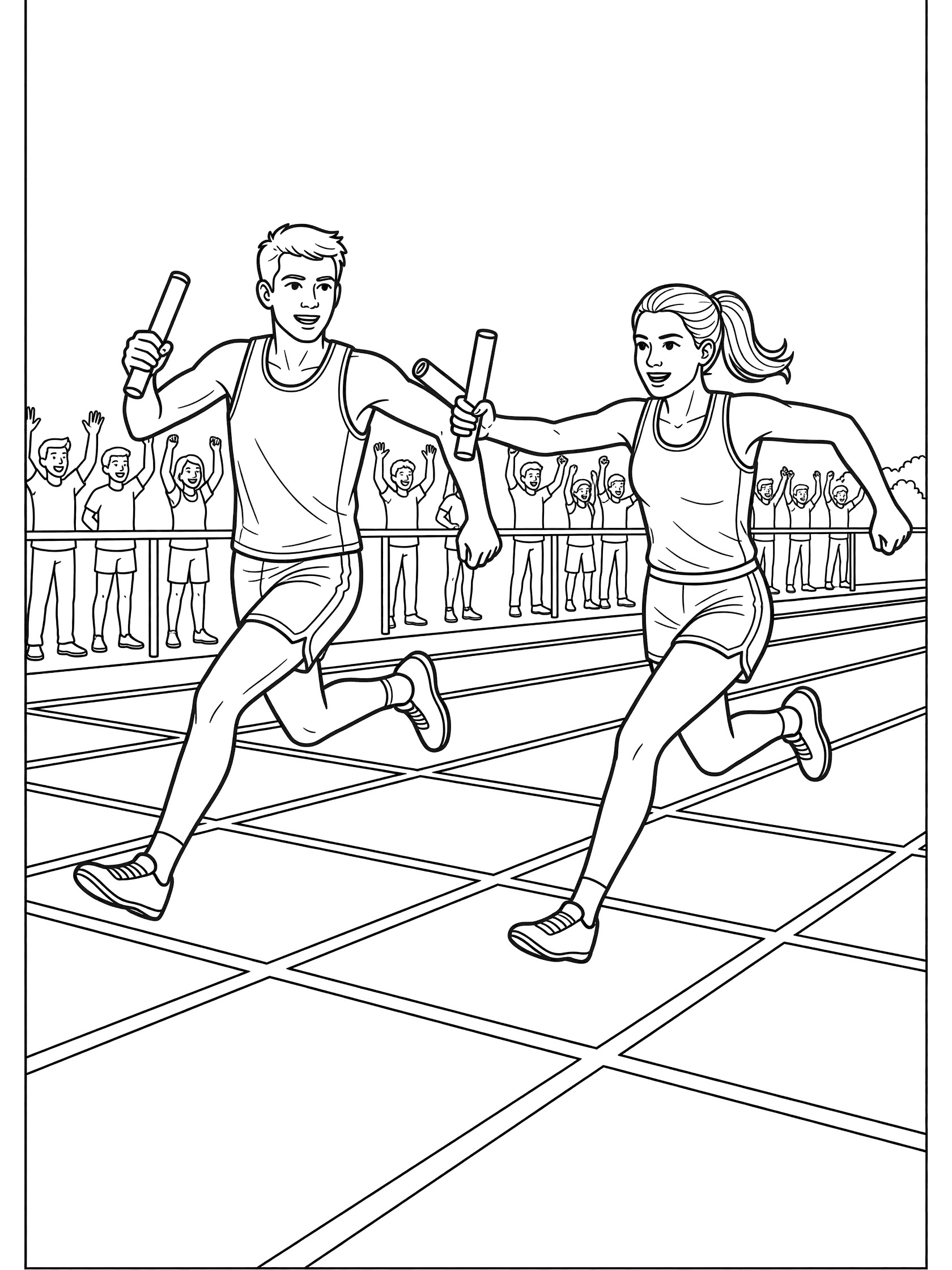 Black-and-white coloring page of sprint relay with two runners handing off baton on track, marked lanes and cheering sideline.
