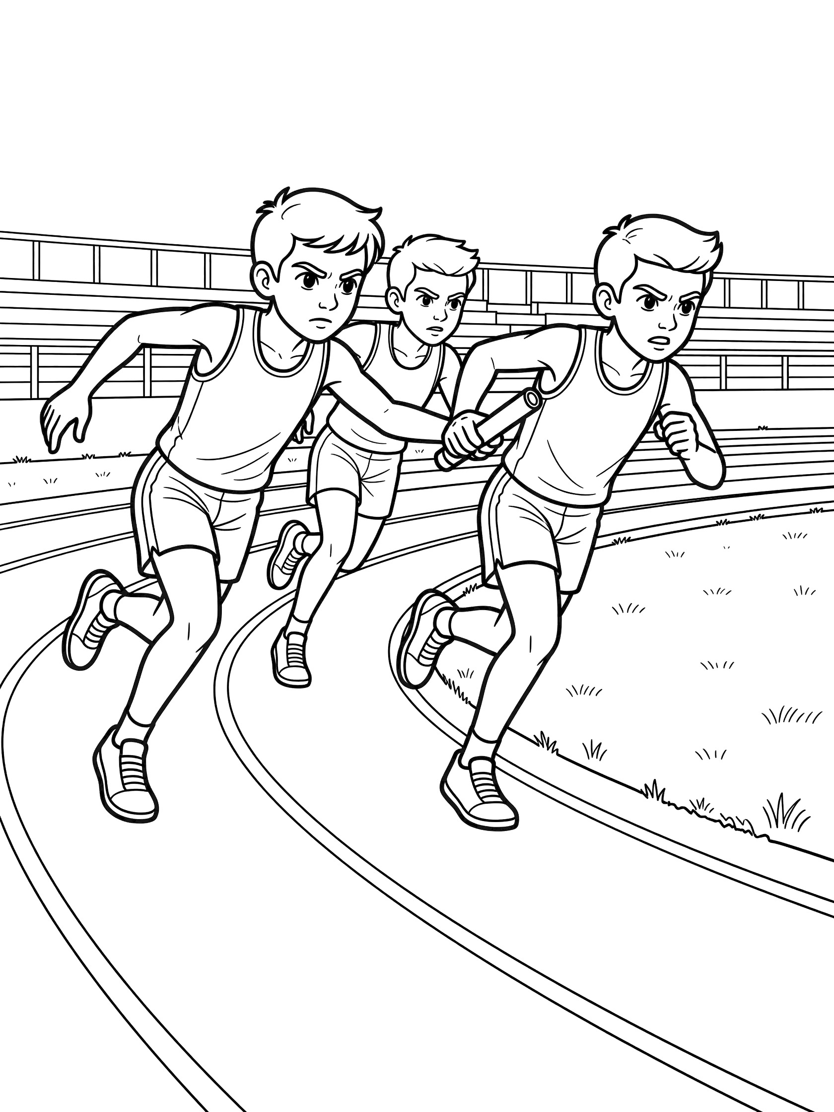 Black and white line art of three runners on a curved track performing a baton handover in a relay race, with grass infield and bleachers. Relays themed black and white printable line art