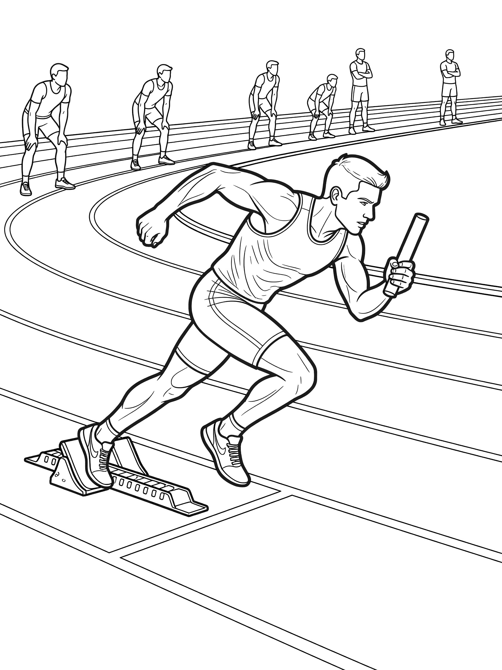 Black and white coloring page of a track runner bursting from starting blocks in a relay race, holding baton tightly, with teammates in the distance on the oval track. Relays themed black and white printable line art