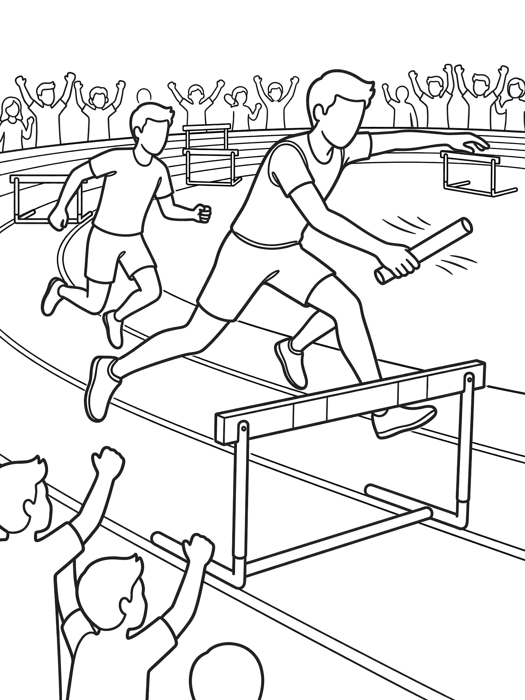 Black and white coloring page showing a track relay runner mid-jump over hurdles reaching back for the baton, with teammate running behind, crowd cheering on sidelines