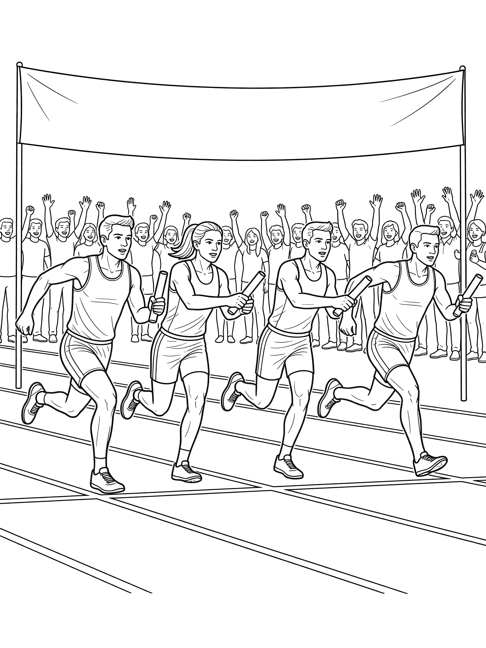 Black-and-white coloring page of a relay team of four runners dashing to the finish line with batons, crowd cheering, track lanes, and banner. Relays themed black and white printable line art