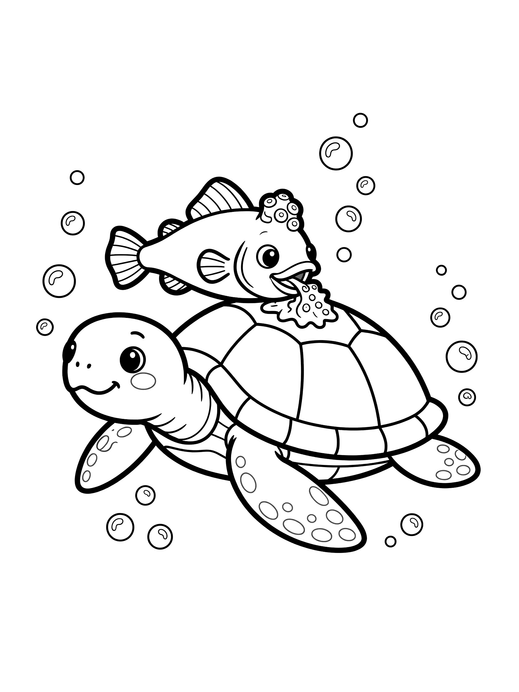 Black and white line art coloring page showing a cute remora fish sucking onto a smiling sea turtle's shell with bubbles around them underwater.